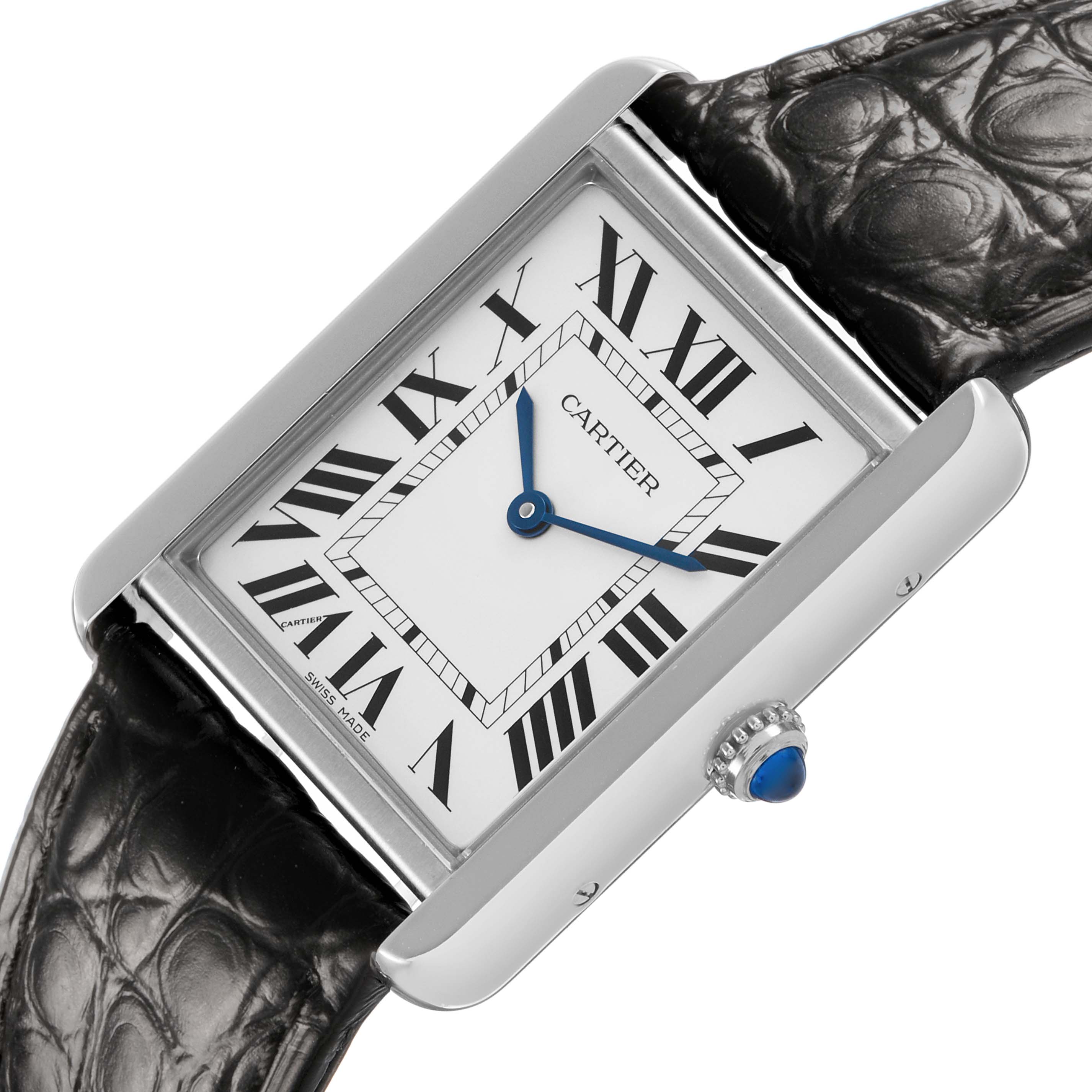 The Cartier Tank Solo W5200003 Men's Stainless Steel Silver Dial watch is shown at an angle displaying the face, Roman numeral markers, leather strap, and crown with a blue cabochon.