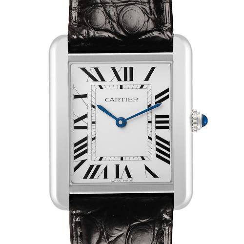 The Cartier Tank Solo W5200003 Men's Stainless Steel Silver Dial watch is shown from a front angle, highlighting the face, Roman numerals, blued hands, and crown with a blue cabochon.