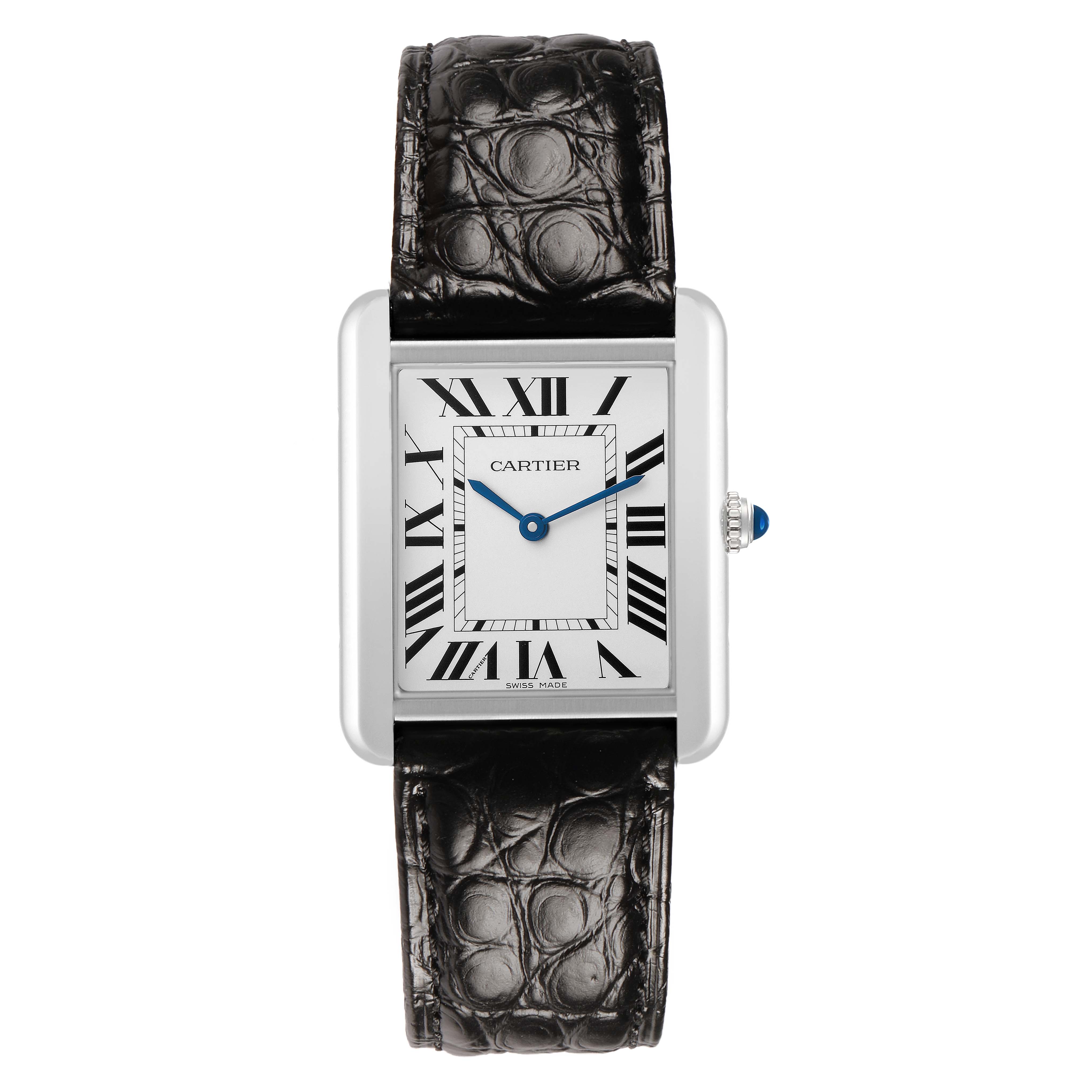 The Cartier Tank Solo W5200003 Men's Stainless Steel Silver Dial watch is shown from a top view, highlighting the face, blue hands, Roman numerals, and black leather strap.