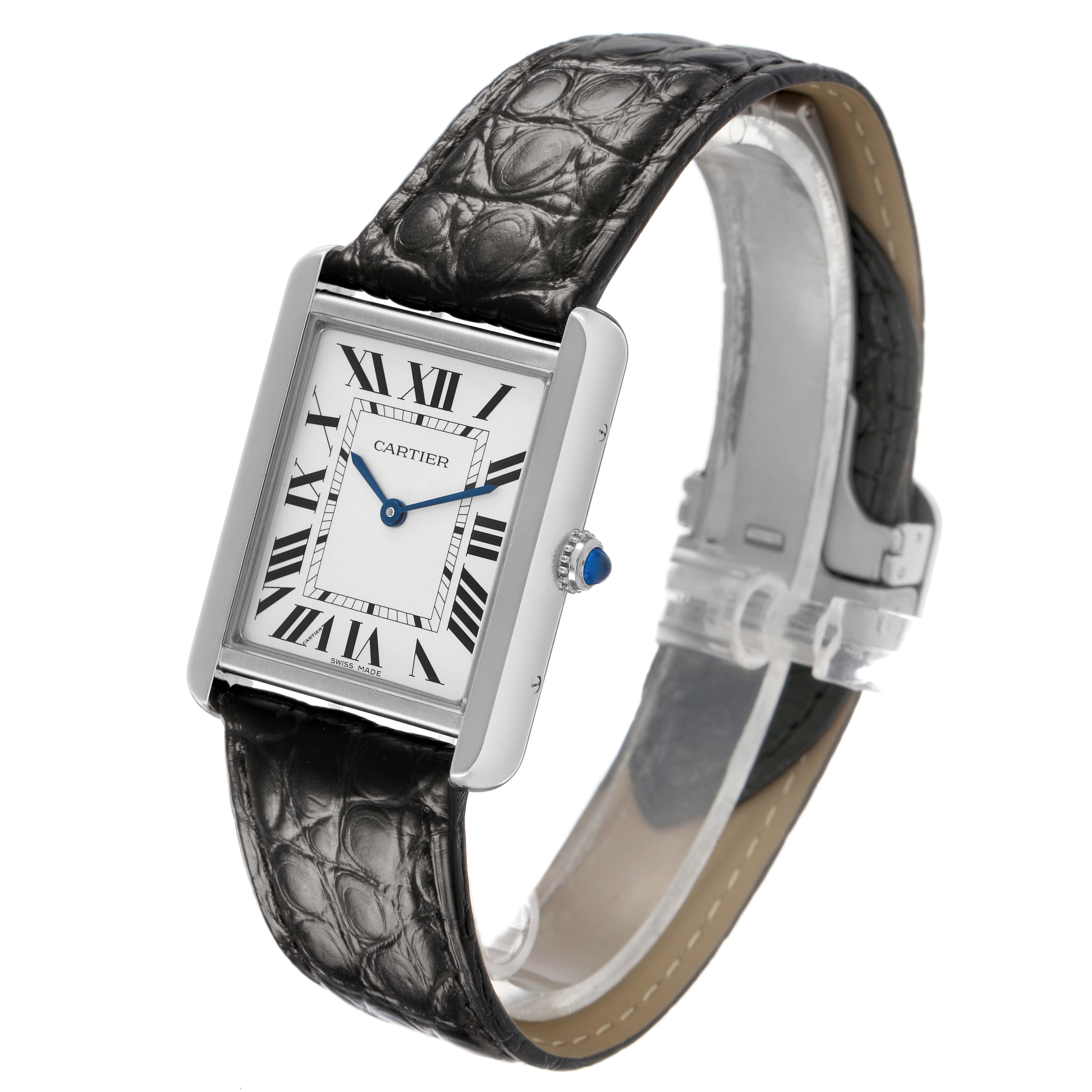 The Cartier Tank Solo W5200003 Men's Stainless Steel Silver Dial watch is shown at an angled view, highlighting its rectangular face, Roman numerals, leather strap, and crown.