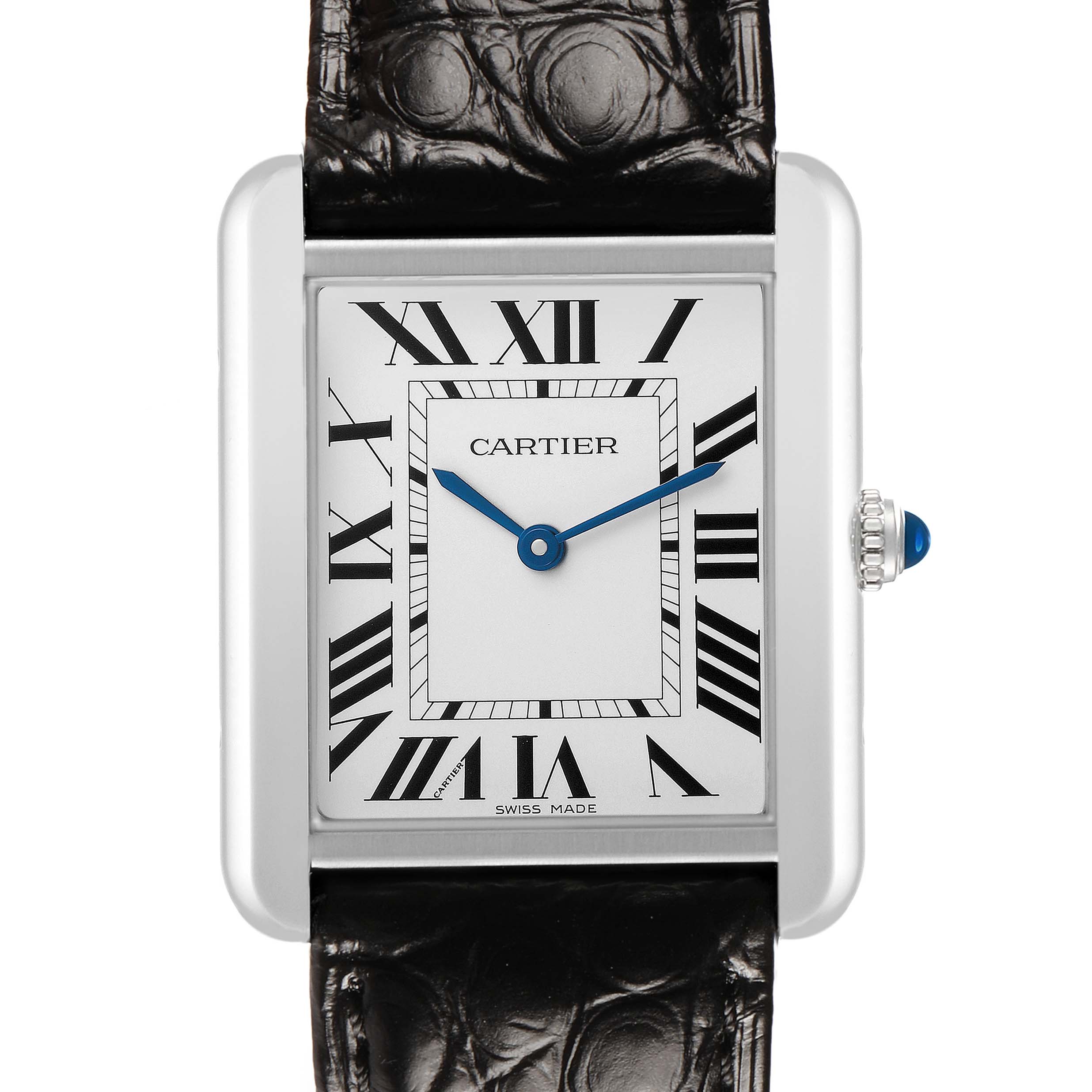 The Cartier Tank Solo W5200003 Men's Stainless Steel Silver Dial watch is shown from the front, highlighting its rectangular face, Roman numerals, and blue hands.