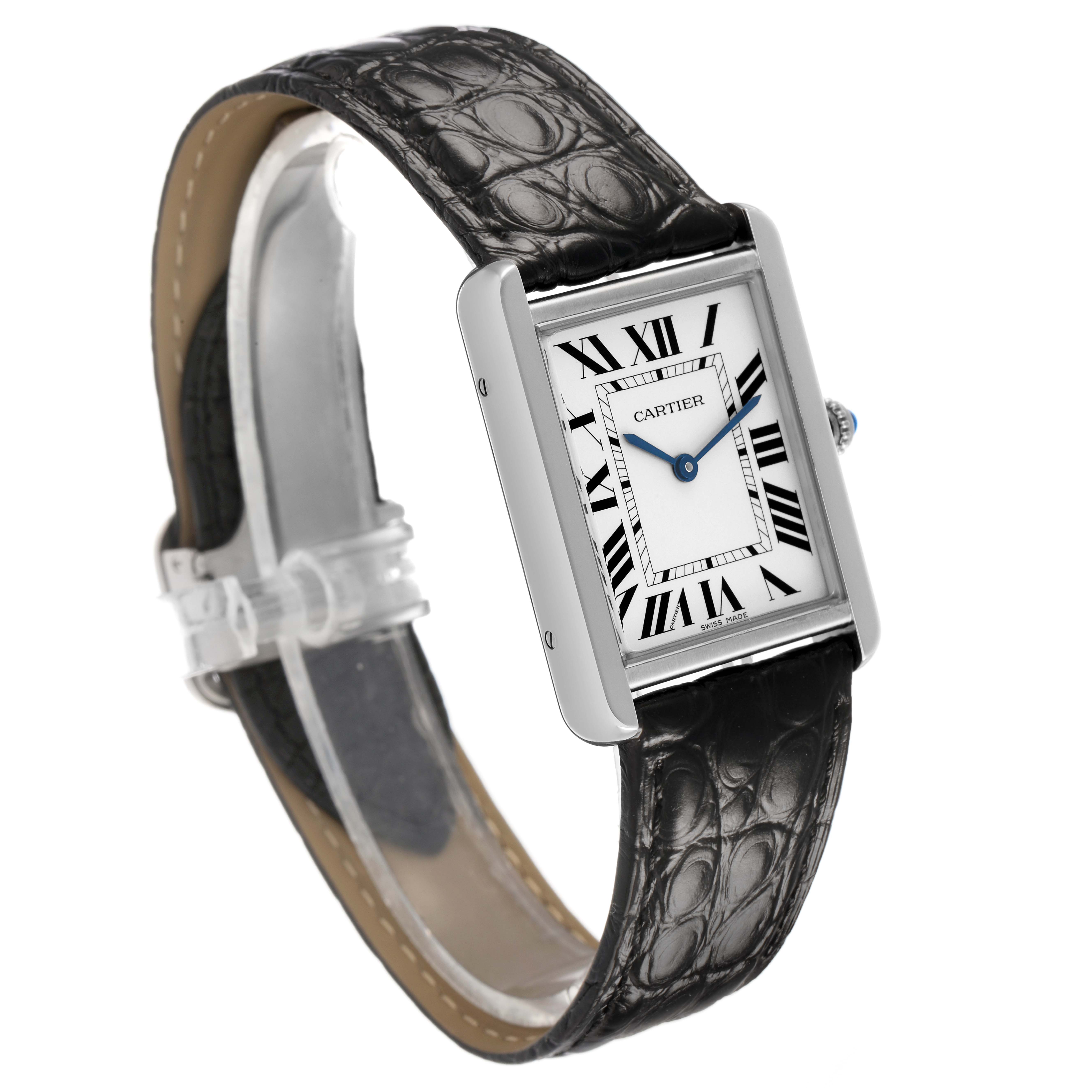 The Cartier Tank Solo W5200003 Men's Stainless Steel Silver Dial watch is shown at an angled side view, displaying its rectangular case, black leather strap, and Roman numeral dial.