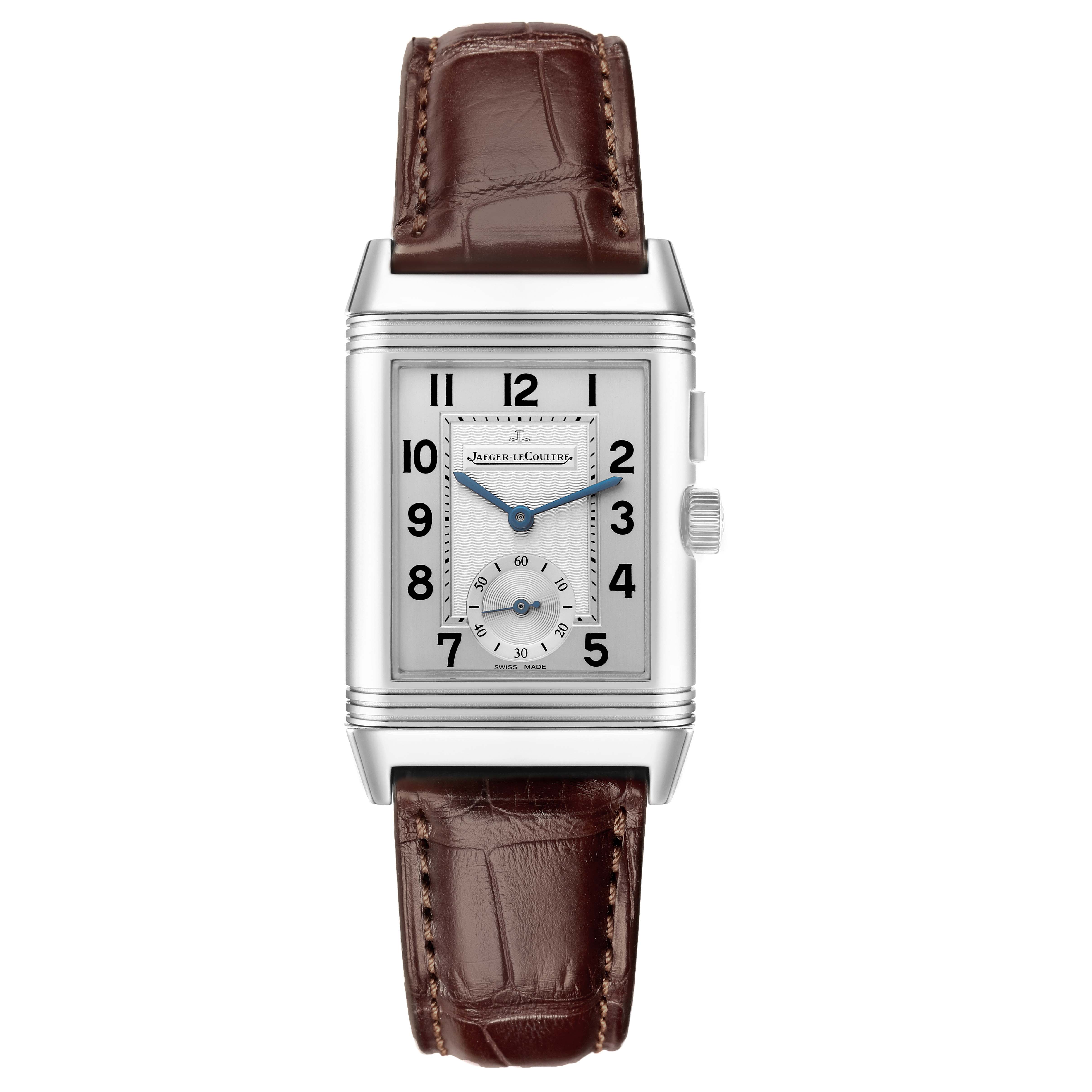 The image shows a frontal view of the Jaeger LeCoultre Reverso Q2718411 Men's Stainless Steel Silver Dial Q2718411 Men's Stainless Steel Silver Dial watch, highlighting its dial, case, crown, and leather strap.