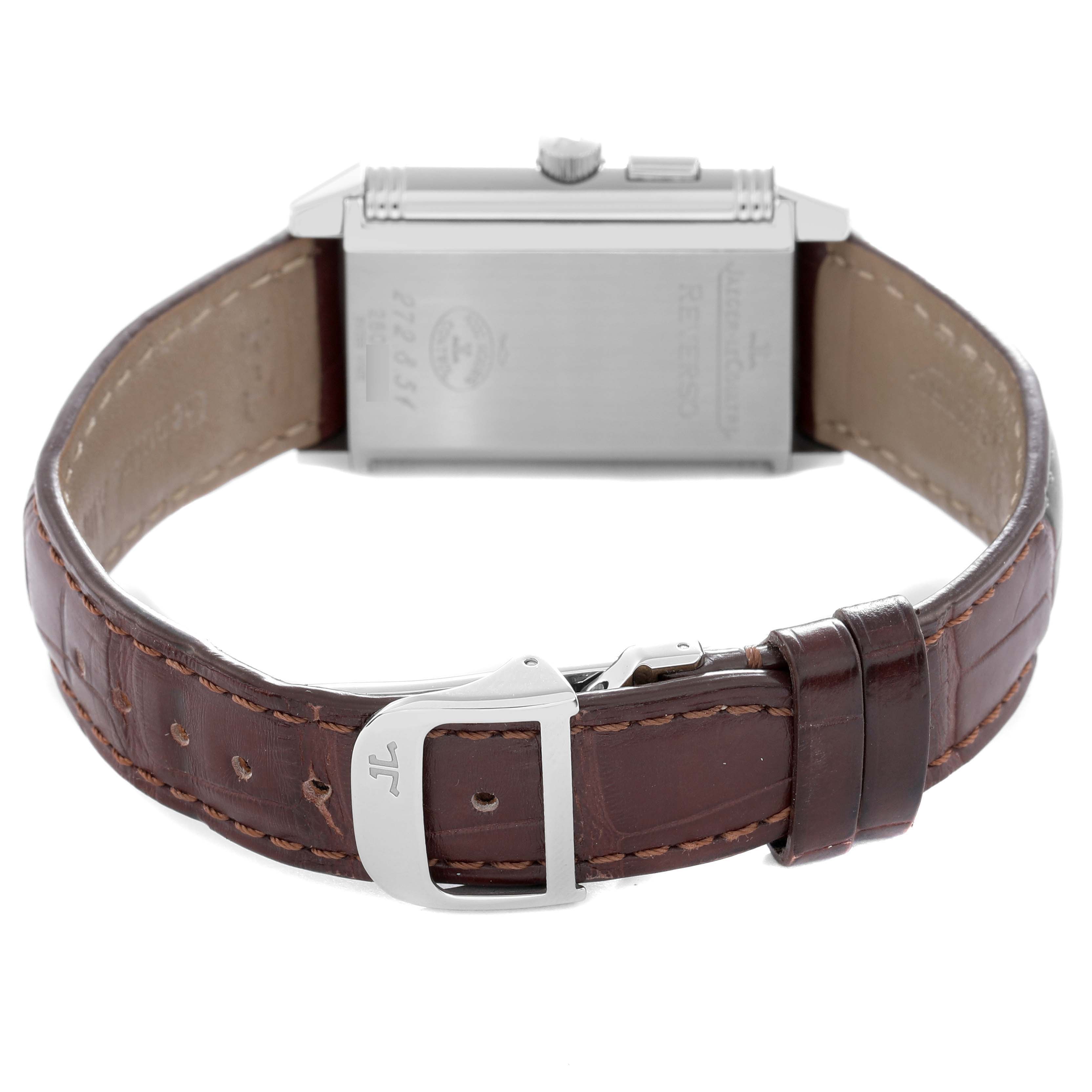 The image shows the back view of a Jaeger LeCoultre Reverso Q2718411 Men's Stainless Steel Silver Dial Q2718411 Men's Stainless Steel Silver Dial watch, highlighting the case back and brown leather strap.