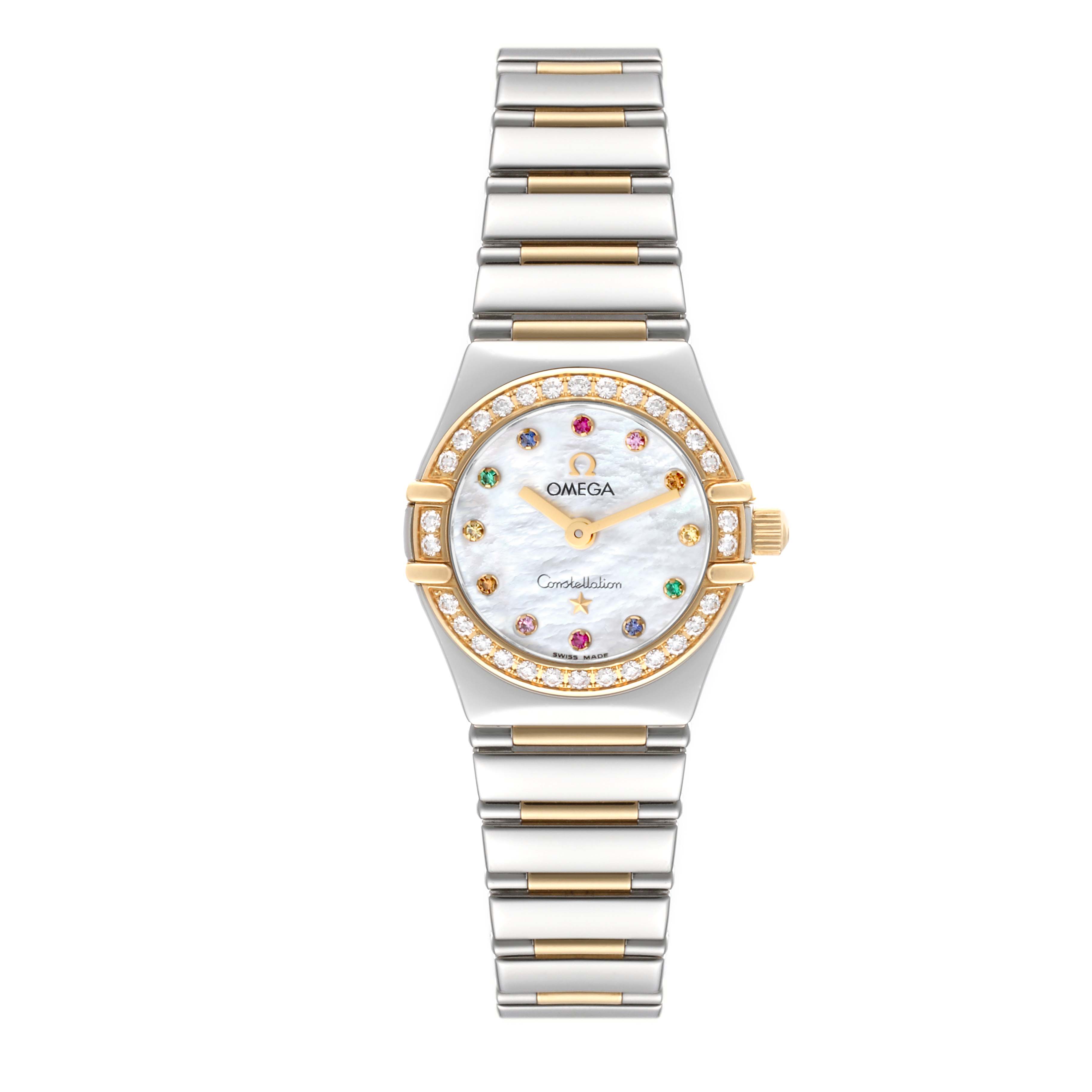 This image shows the face and bracelet of the Omega 1365.79.00 Women's Steel and Gold (two tone) Mother of Pearl Dial 1365.79.00 Women's Steel and Gold (two tone) Mother of Pearl Dial Constellation Iris Rainbow Steel Yellow Gold Multi Stone Ladies Watch 1365.79.00 from a front angle.