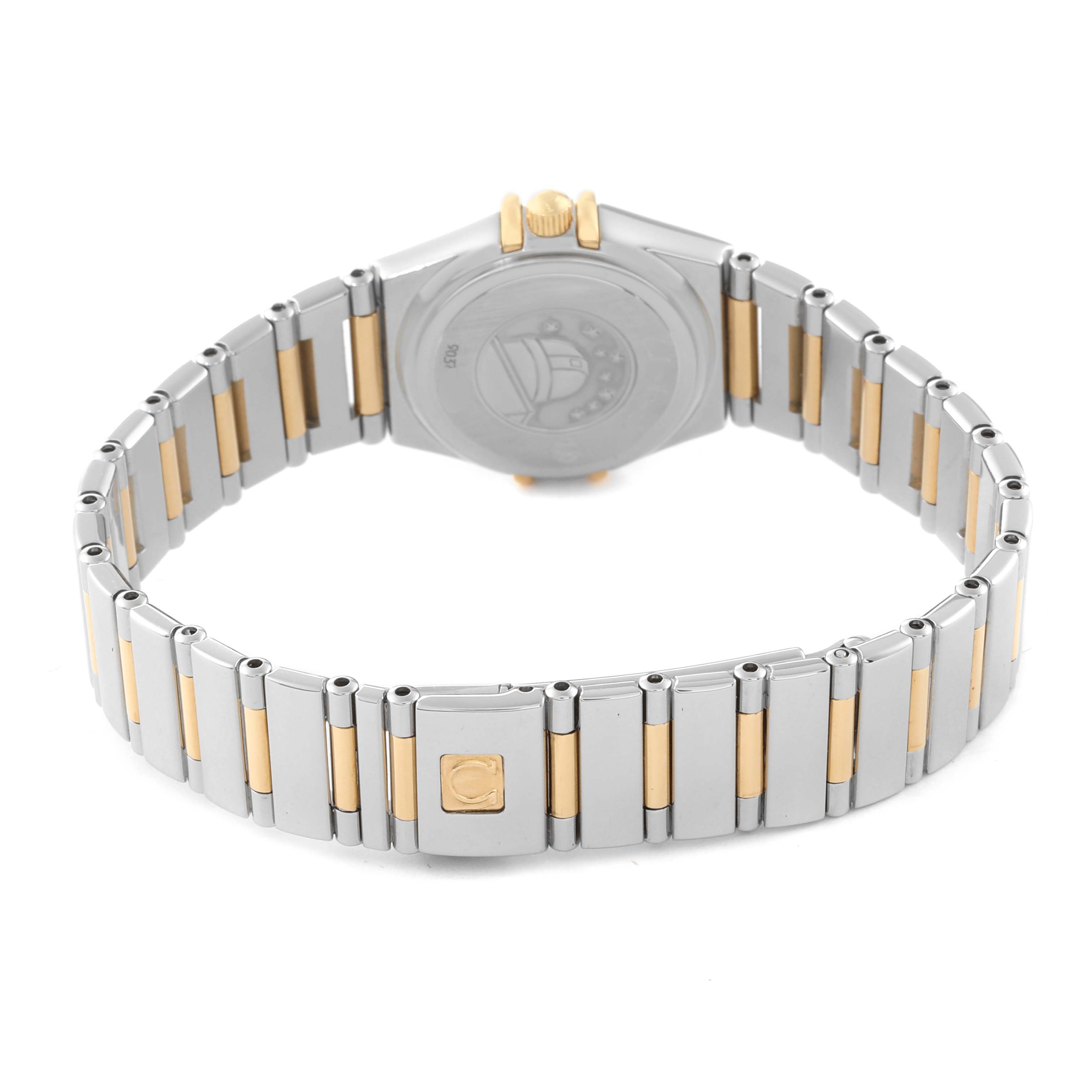 The image shows the back view and bracelet of the Omega 1365.79.00 Women's Steel and Gold (two tone) Mother of Pearl Dial 1365.79.00 Women's Steel and Gold (two tone) Mother of Pearl Dial Constellation Iris Rainbow Steel Yellow Gold Multi Stone Ladies Watch 1365.79.00.