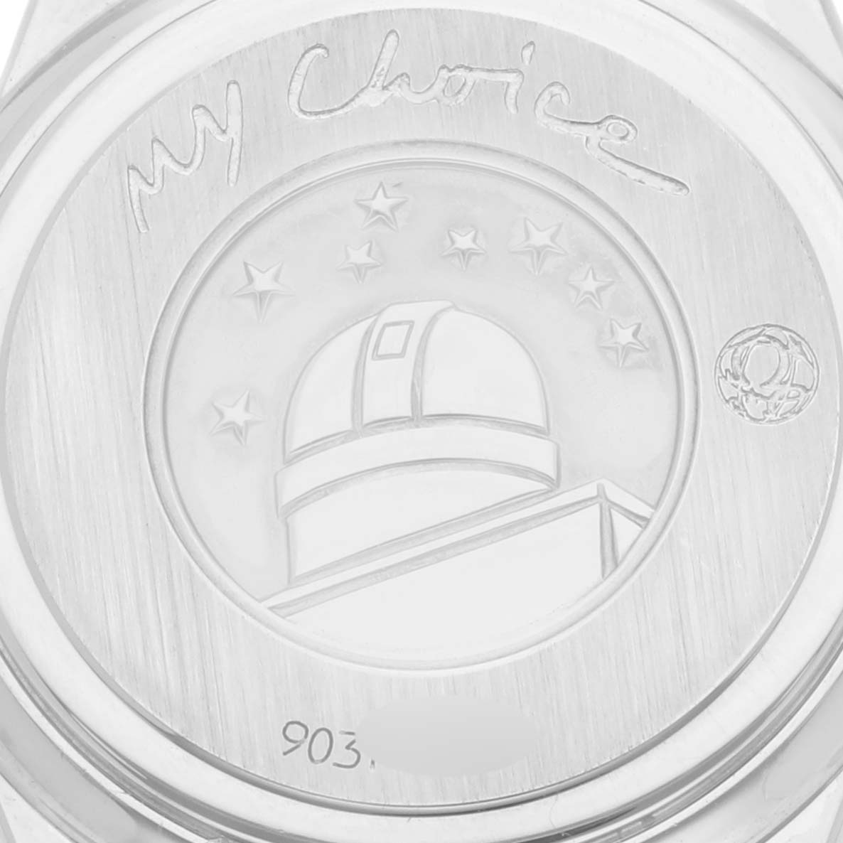 This image shows the case back of the Omega 1365.79.00 Women's Steel and Gold (two tone) Mother of Pearl Dial 1365.79.00 Women's Steel and Gold (two tone) Mother of Pearl Dial Constellation Iris Rainbow Steel Yellow Gold Multi Stone Ladies Watch 1365.79.00.