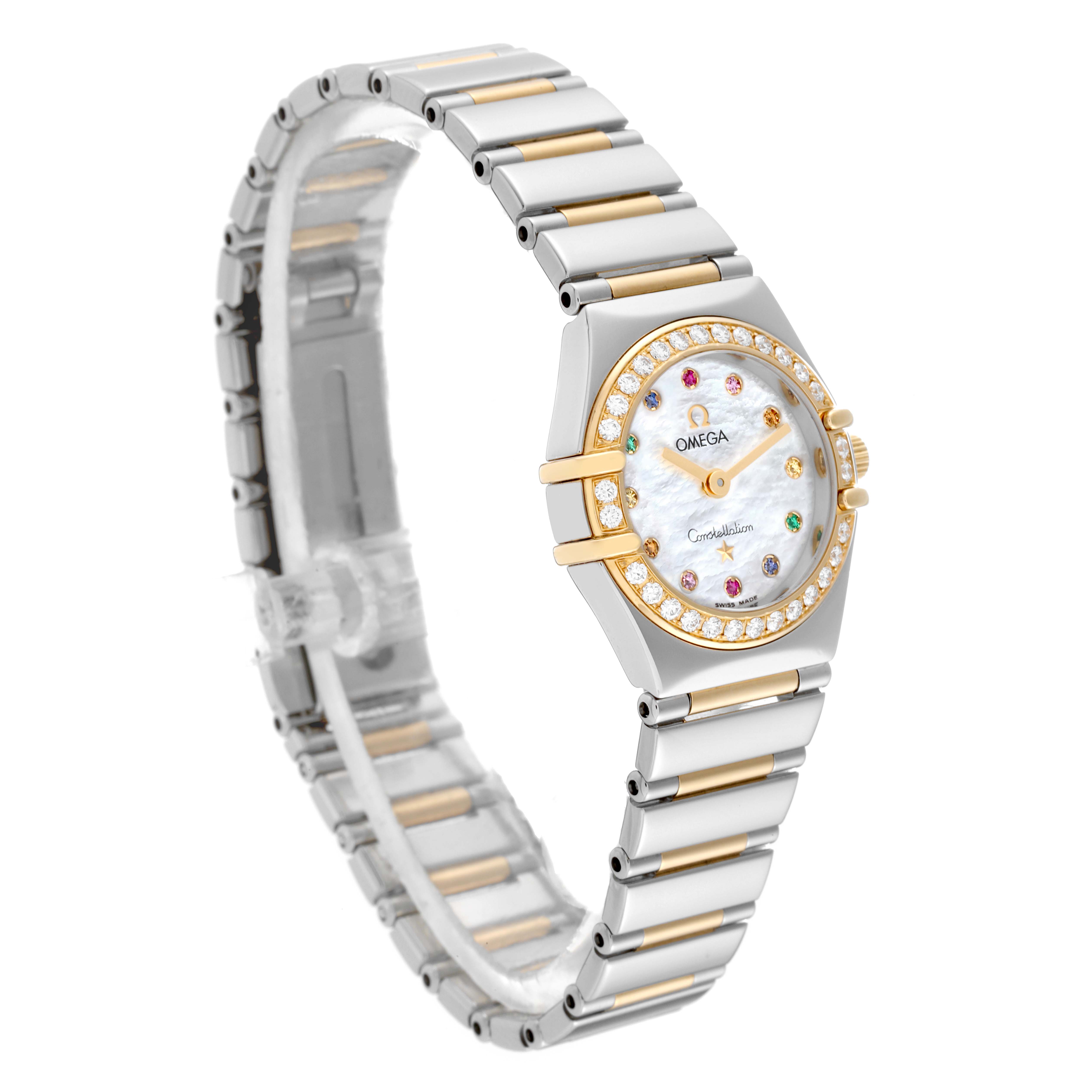 This Omega 1365.79.00 Women's Steel and Gold (two tone) Mother of Pearl Dial 1365.79.00 Women's Steel and Gold (two tone) Mother of Pearl Dial Constellation Iris Rainbow Steel Yellow Gold Multi Stone Ladies Watch 1365.79.00 is shown at a slight angle with the face, bezel, and bracelet visible.