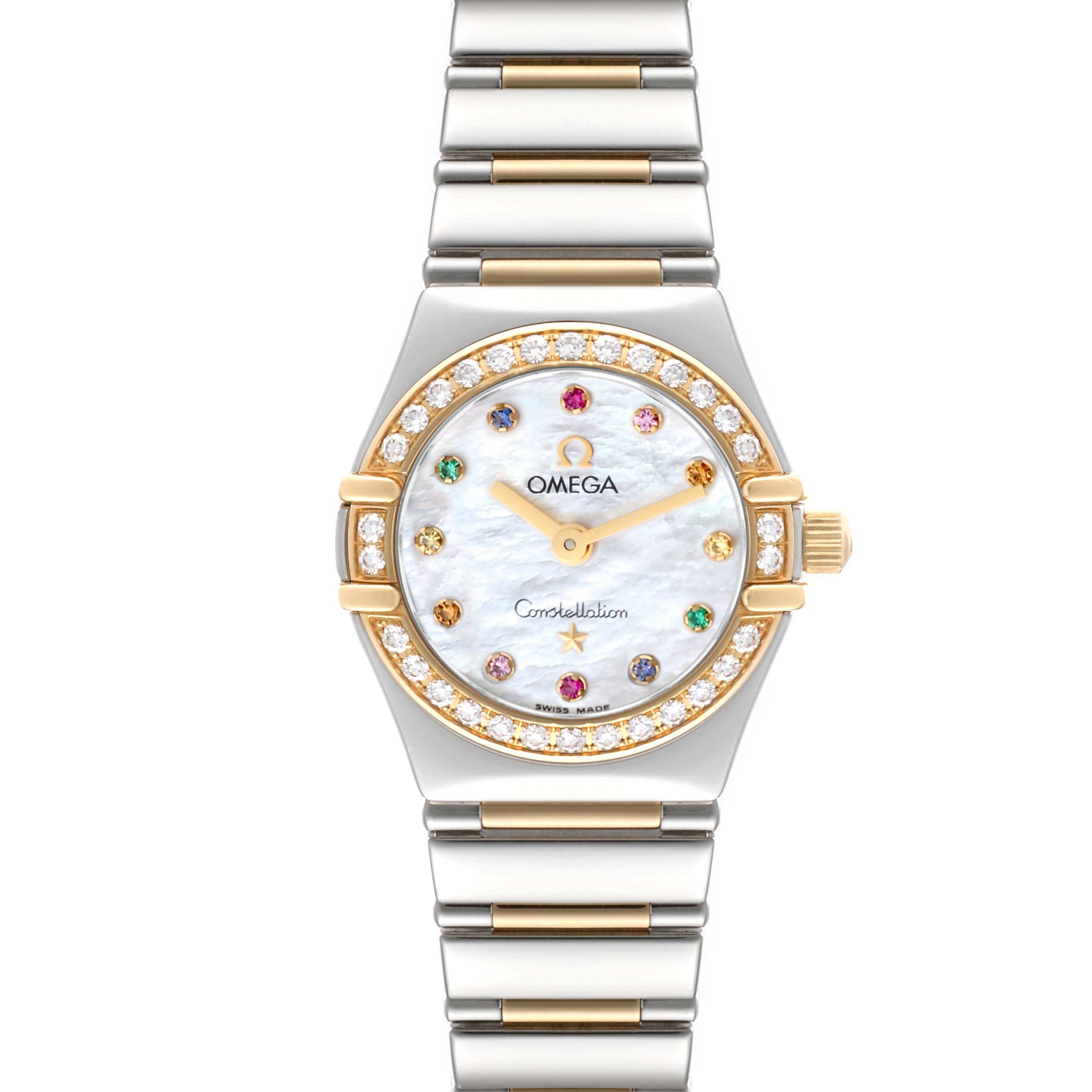 The Omega 1365.79.00 Women's Steel and Gold (two tone) Mother of Pearl Dial 1365.79.00 Women's Steel and Gold (two tone) Mother of Pearl Dial Constellation Iris Rainbow Steel Yellow Gold Multi Stone Ladies Watch 1365.79.00 is shown from a front angle, displaying the face and bracelet.