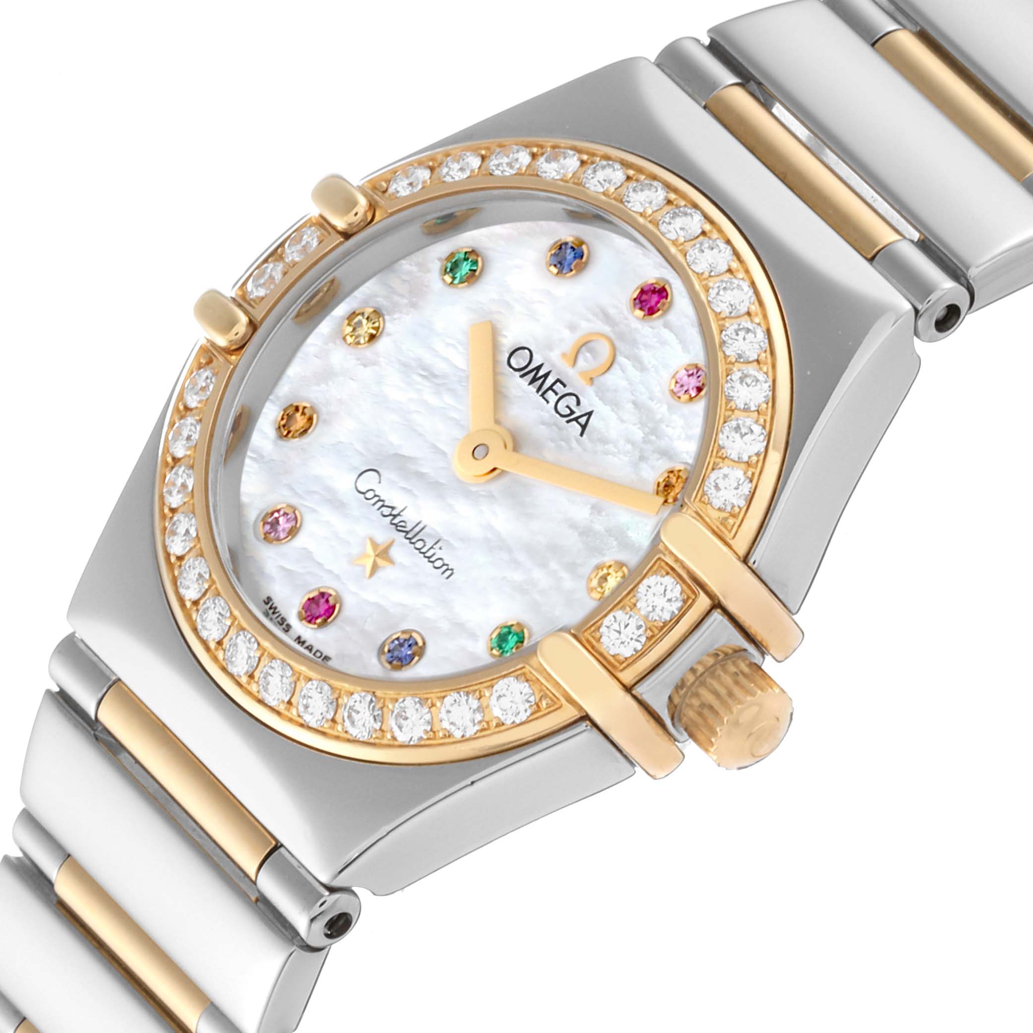 This image shows the dial, bezel, crown, and partial bracelet of the Omega 1365.79.00 Women's Steel and Gold (two tone) Mother of Pearl Dial 1365.79.00 Women's Steel and Gold (two tone) Mother of Pearl Dial Constellation Iris Rainbow Steel Yellow Gold Multi Stone Ladies Watch 1365.79.00.