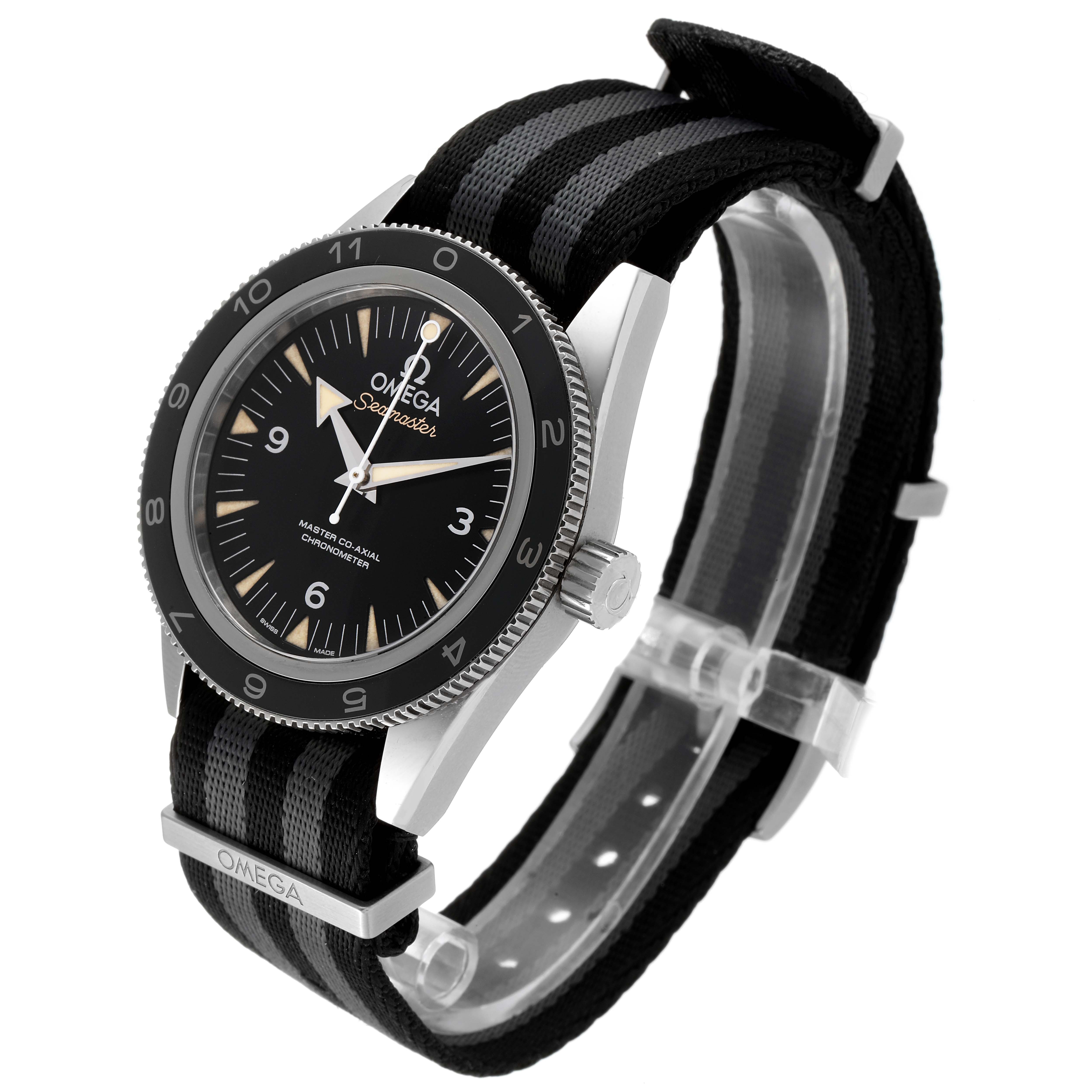 The Omega Seamaster 233.32.41.21.01.001 Men's Stainless Steel Black Dial 233.32.41.21.01.001 Men's Stainless Steel Black Dial watch is displayed at an angle showcasing its face, bezel, and black-striped strap.