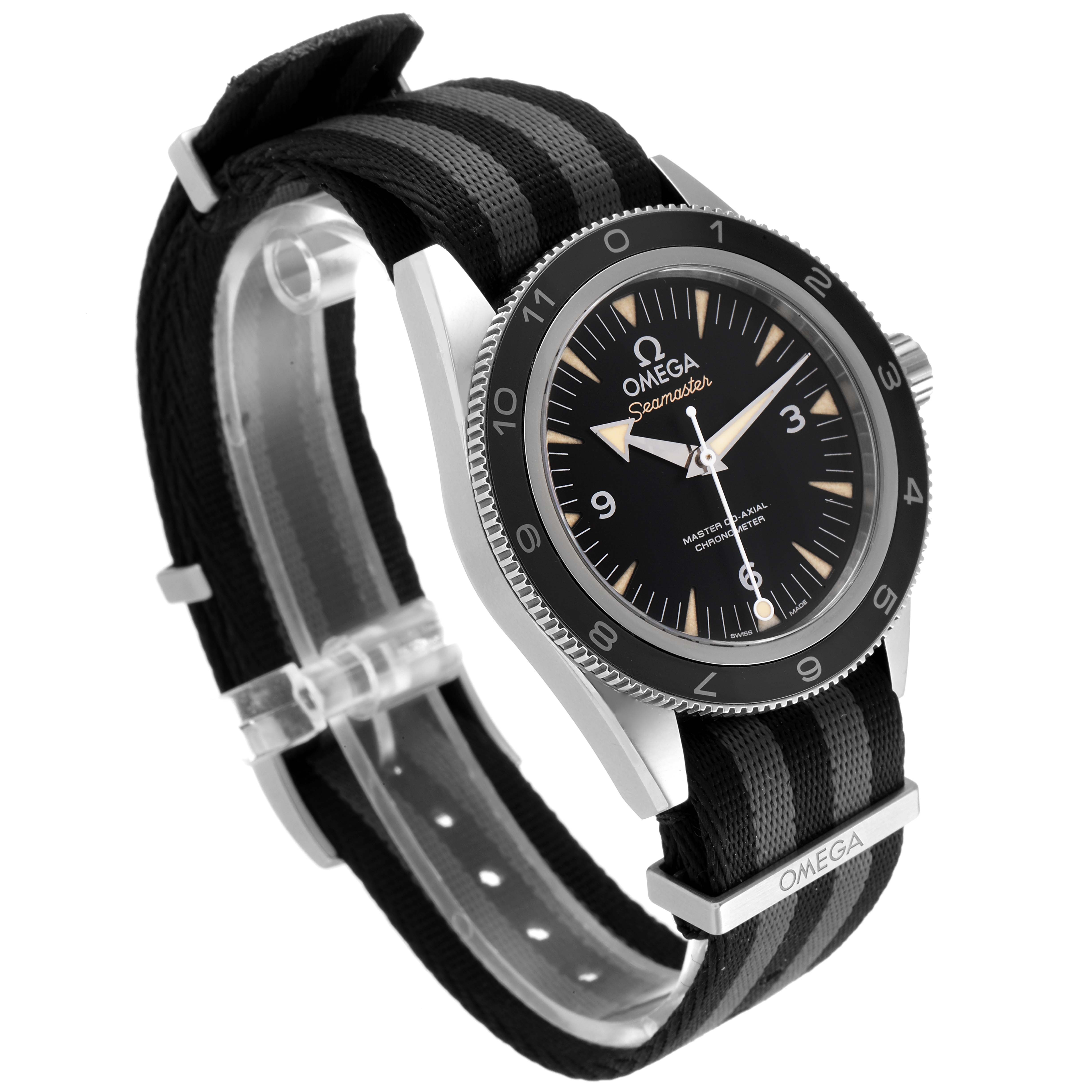 The Omega Seamaster 233.32.41.21.01.001 Men's Stainless Steel Black Dial 233.32.41.21.01.001 Men's Stainless Steel Black Dial watch is shown at a three-quarter angle, highlighting its face, bezel, and striped fabric strap.