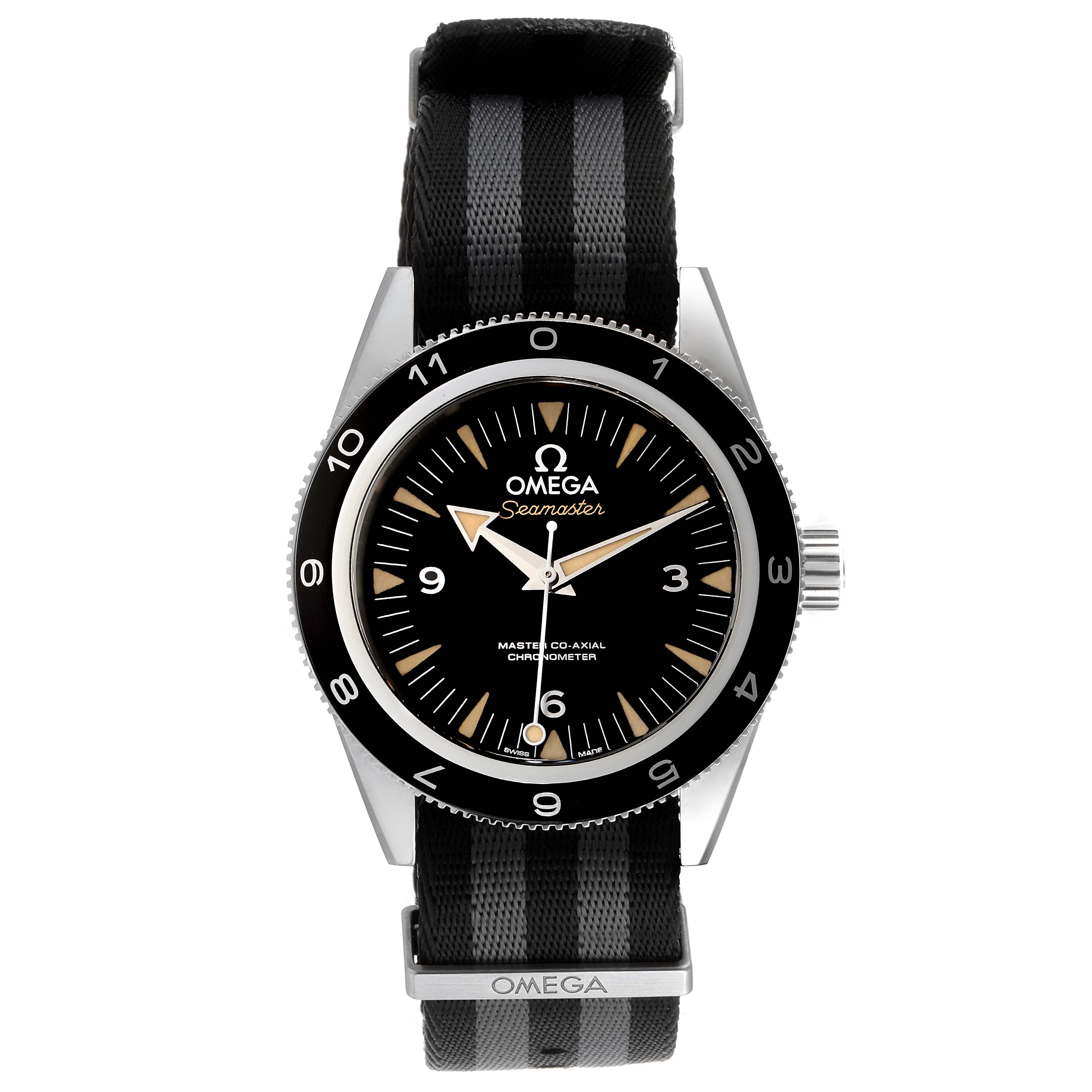 The Omega Seamaster 233.32.41.21.01.001 Men's Stainless Steel Black Dial 233.32.41.21.01.001 Men's Stainless Steel Black Dial watch is shown from a top-down angle featuring the face, bezel, crown, and strap.