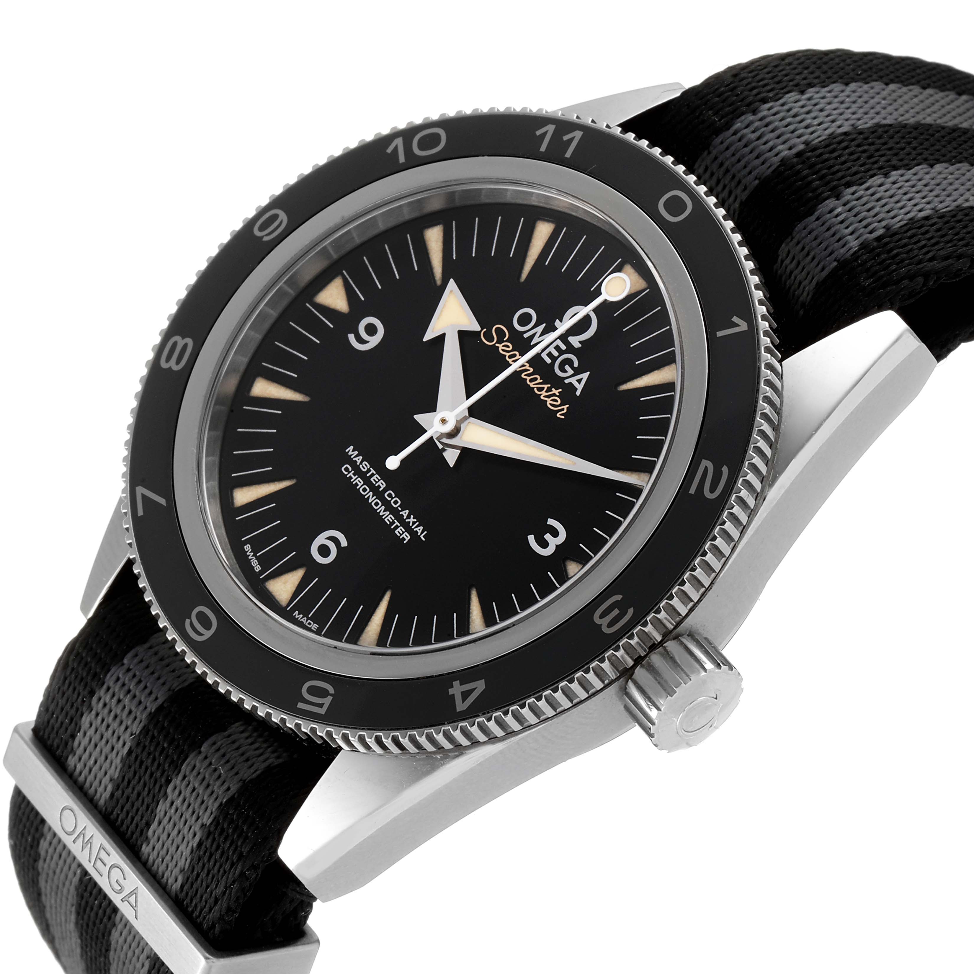 This image depicts an Omega Seamaster 233.32.41.21.01.001 Men's Stainless Steel Black Dial 233.32.41.21.01.001 Men's Stainless Steel Black Dial watch from an angled side view, showcasing its dial, bezel, straps, and crown.