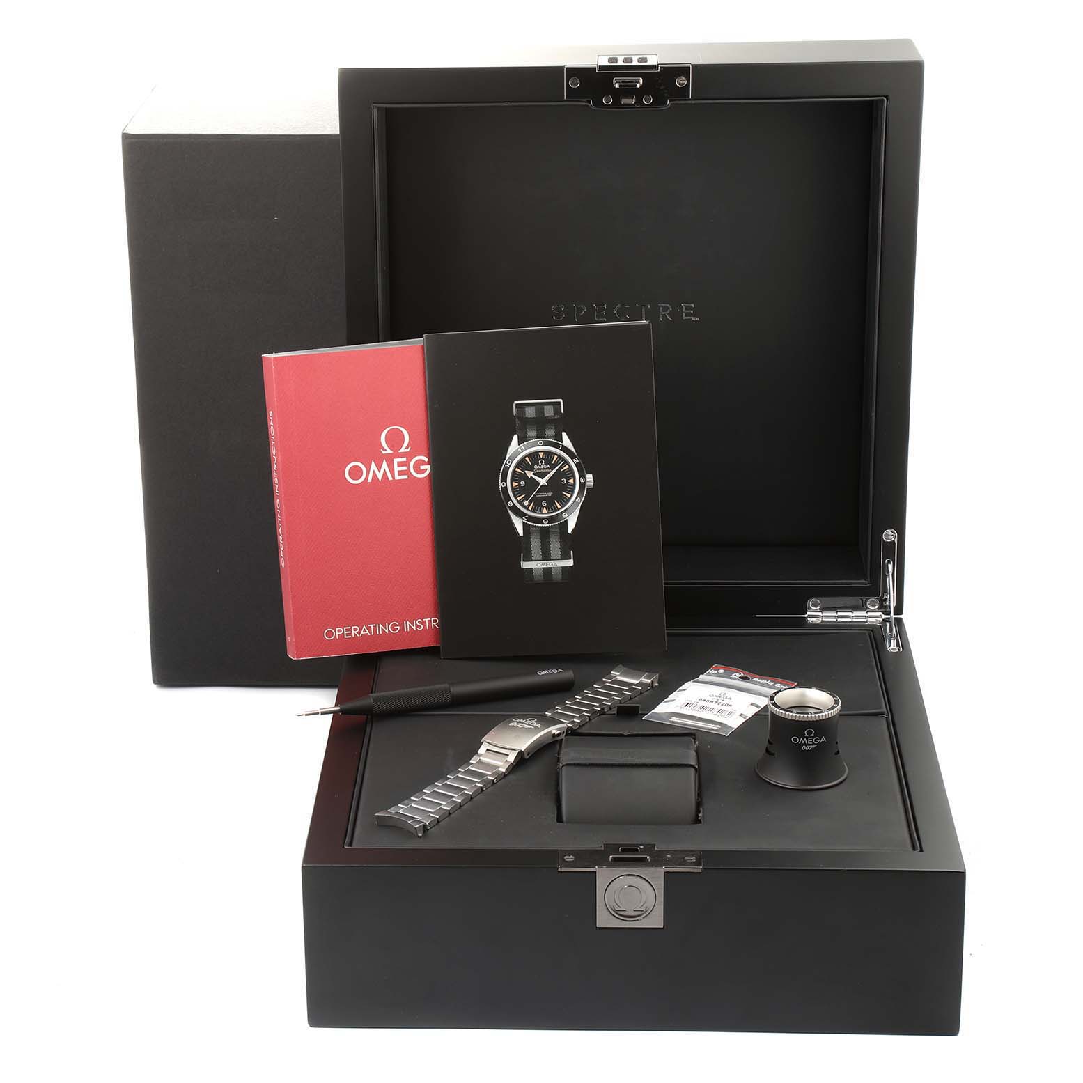 The image shows a boxed set of an Omega Seamaster 233.32.41.21.01.001 Men's Stainless Steel Black Dial 233.32.41.21.01.001 Men's Stainless Steel Black Dial watch with manuals, spare bracelet, tool, and loupe from a front angle.