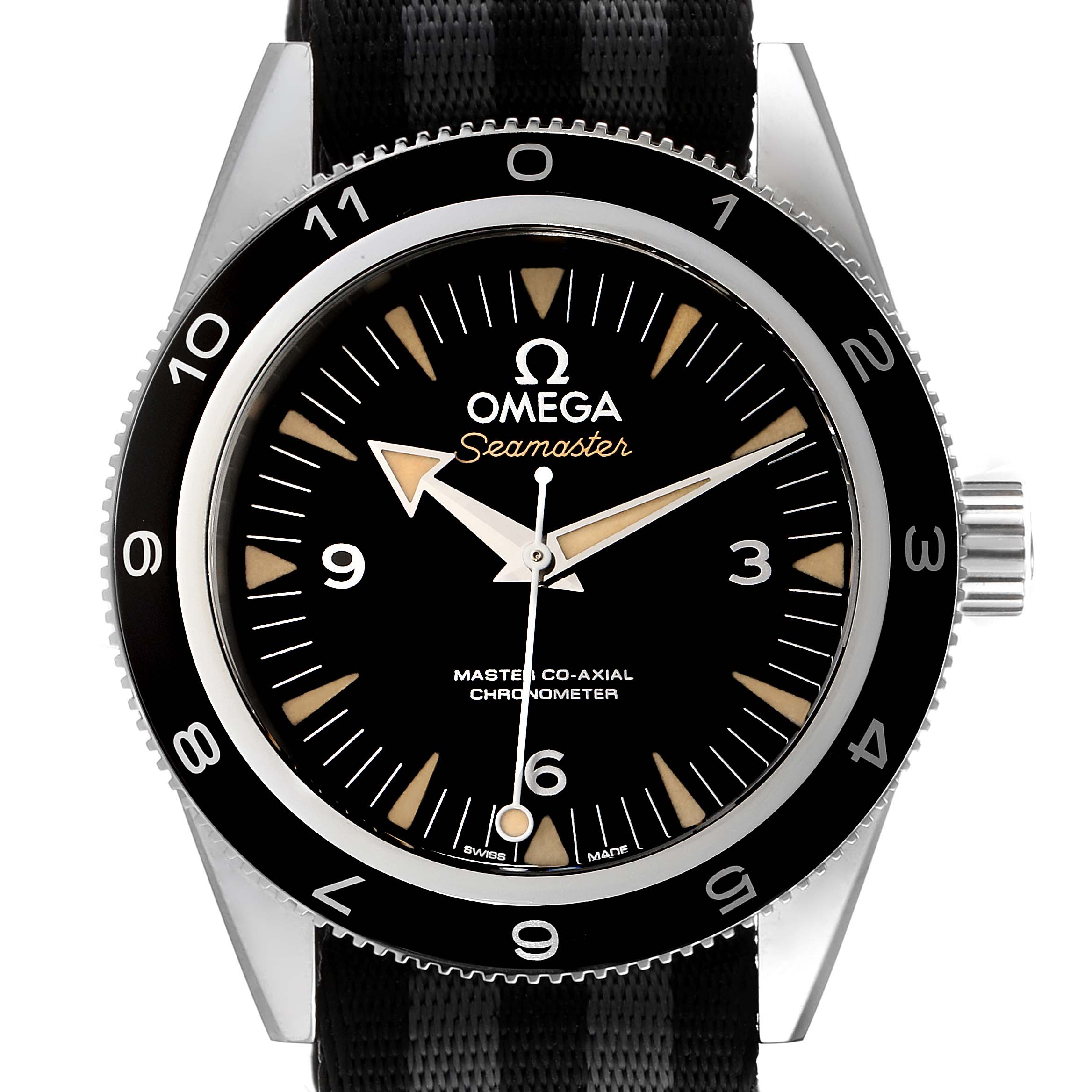 This image shows a front view of an Omega Seamaster 233.32.41.21.01.001 Men's Stainless Steel Black Dial 233.32.41.21.01.001 Men's Stainless Steel Black Dial watch with a black dial and bezel, along with a black strap.
