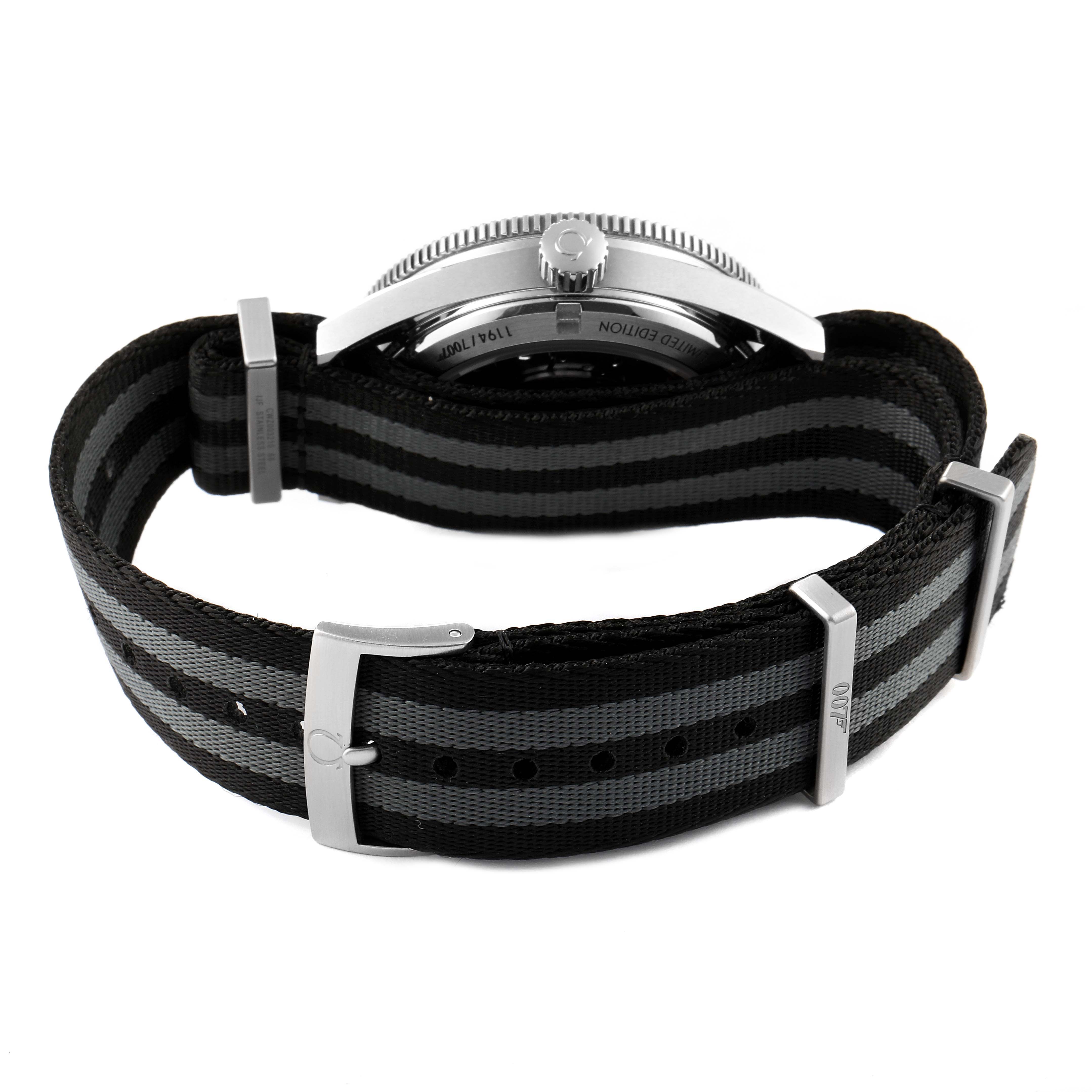 The image shows the Omega Seamaster 233.32.41.21.01.001 Men's Stainless Steel Black Dial 233.32.41.21.01.001 Men's Stainless Steel Black Dial watch from the side, featuring its bezel, crown, and NATO strap.