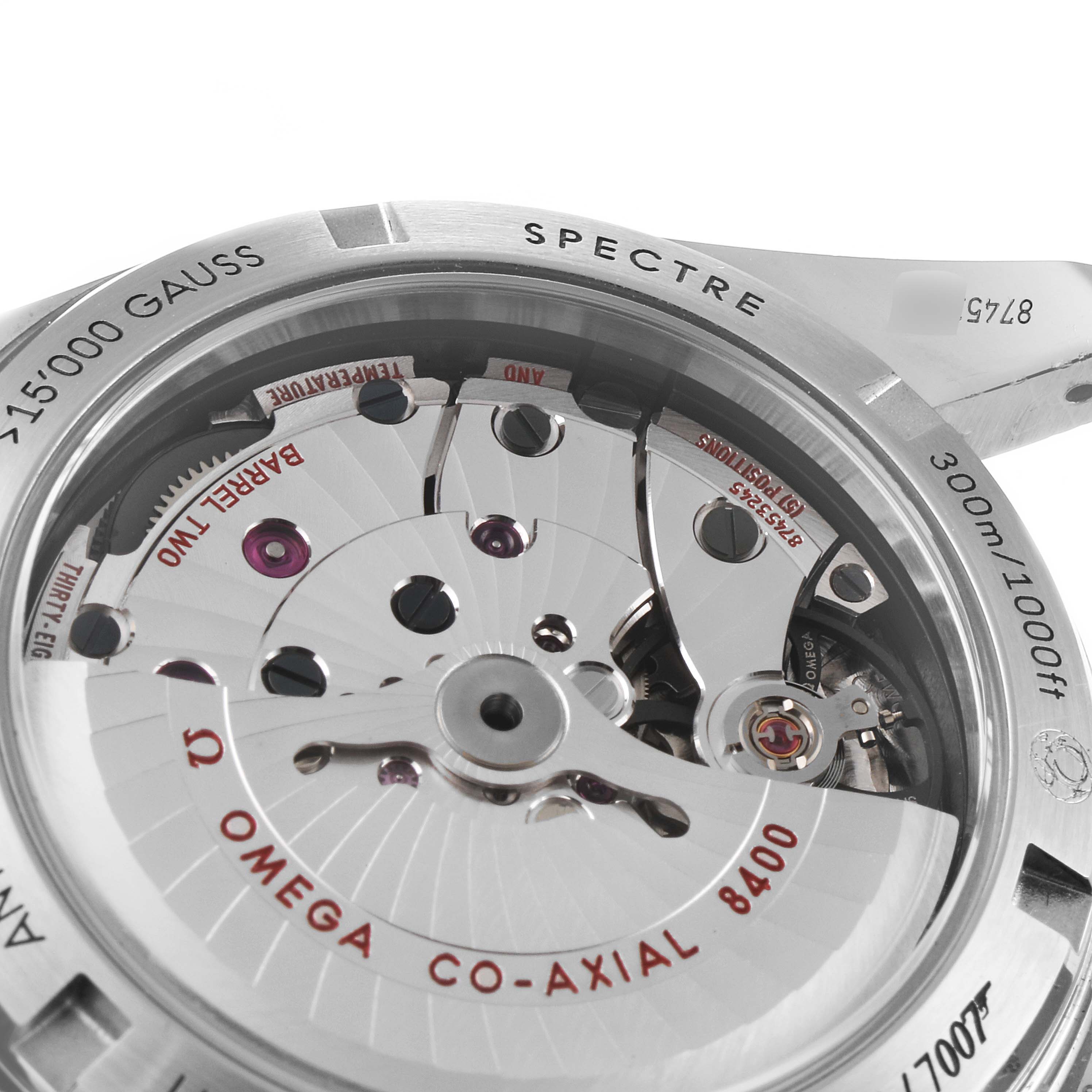 The image shows the back view of the Omega Seamaster 233.32.41.21.01.001 Men's Stainless Steel Black Dial 233.32.41.21.01.001 Men's Stainless Steel Black Dial with its open case showcasing the Co-Axial 8400 movement.