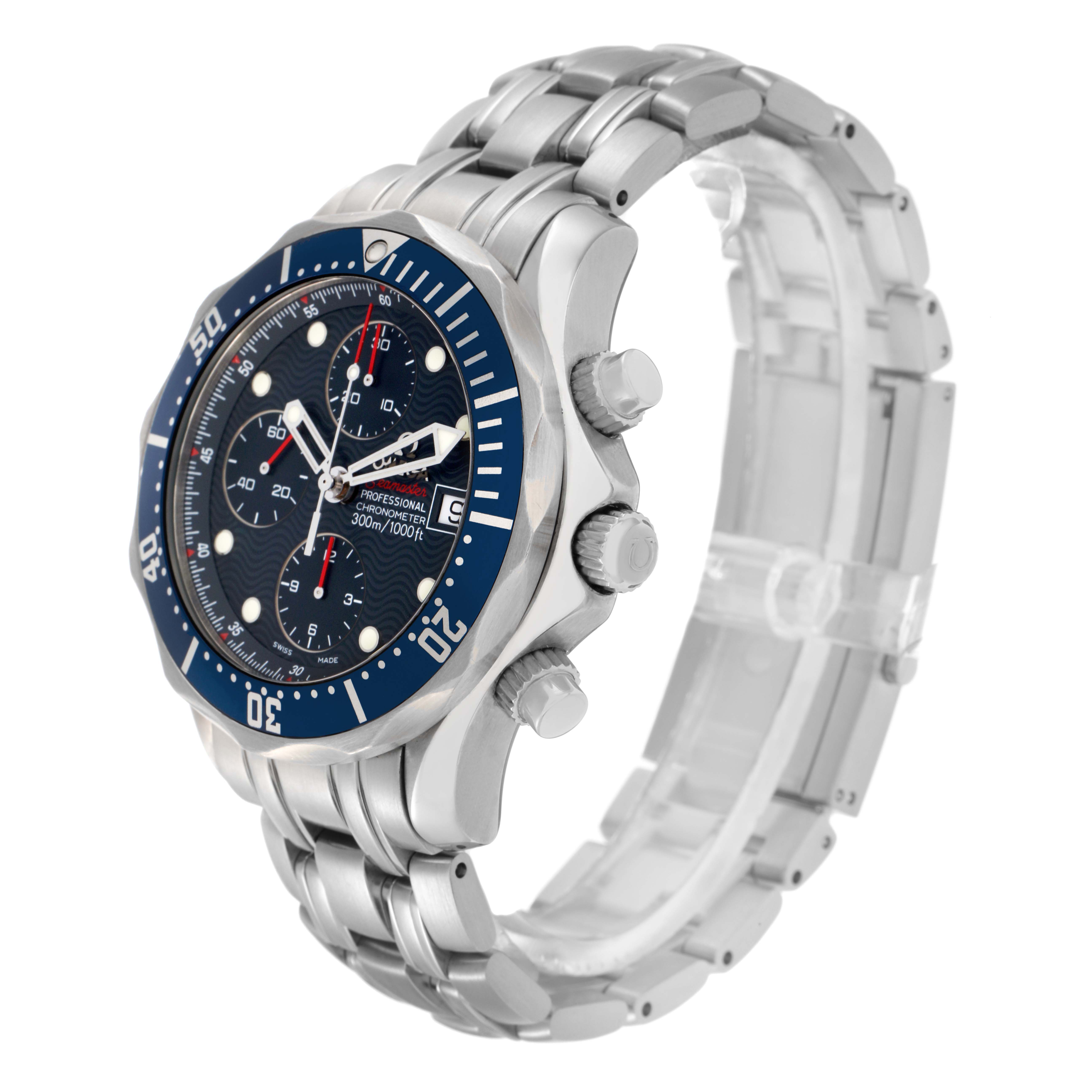 The Omega Seamaster 2225.80.00 Men's Stainless Steel Blue Dial 2225.80.00 Men's Stainless Steel Blue Dial watch is shown at a three-quarter angle displaying its face, bezel, crown, chronograph pushers, and bracelet.