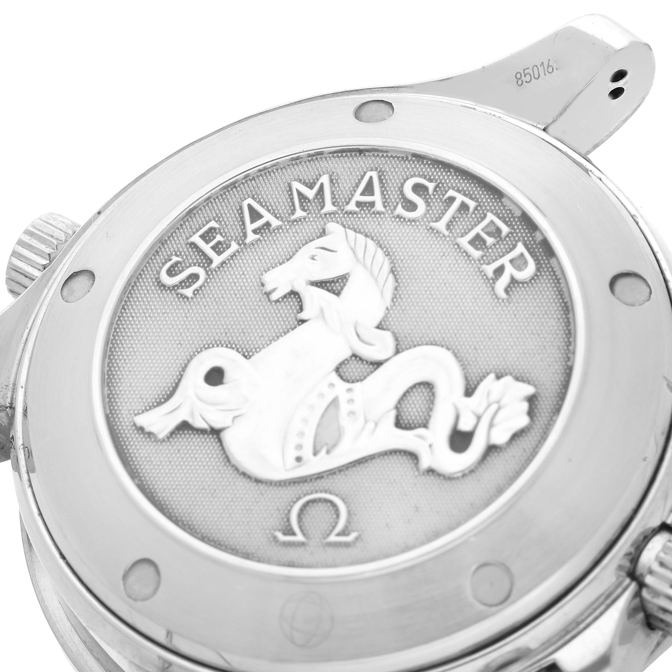 The image shows the case back of an Omega Seamaster 2225.80.00 Men's Stainless Steel Blue Dial 2225.80.00 Men's Stainless Steel Blue Dial, featuring the engraved logo and branding.