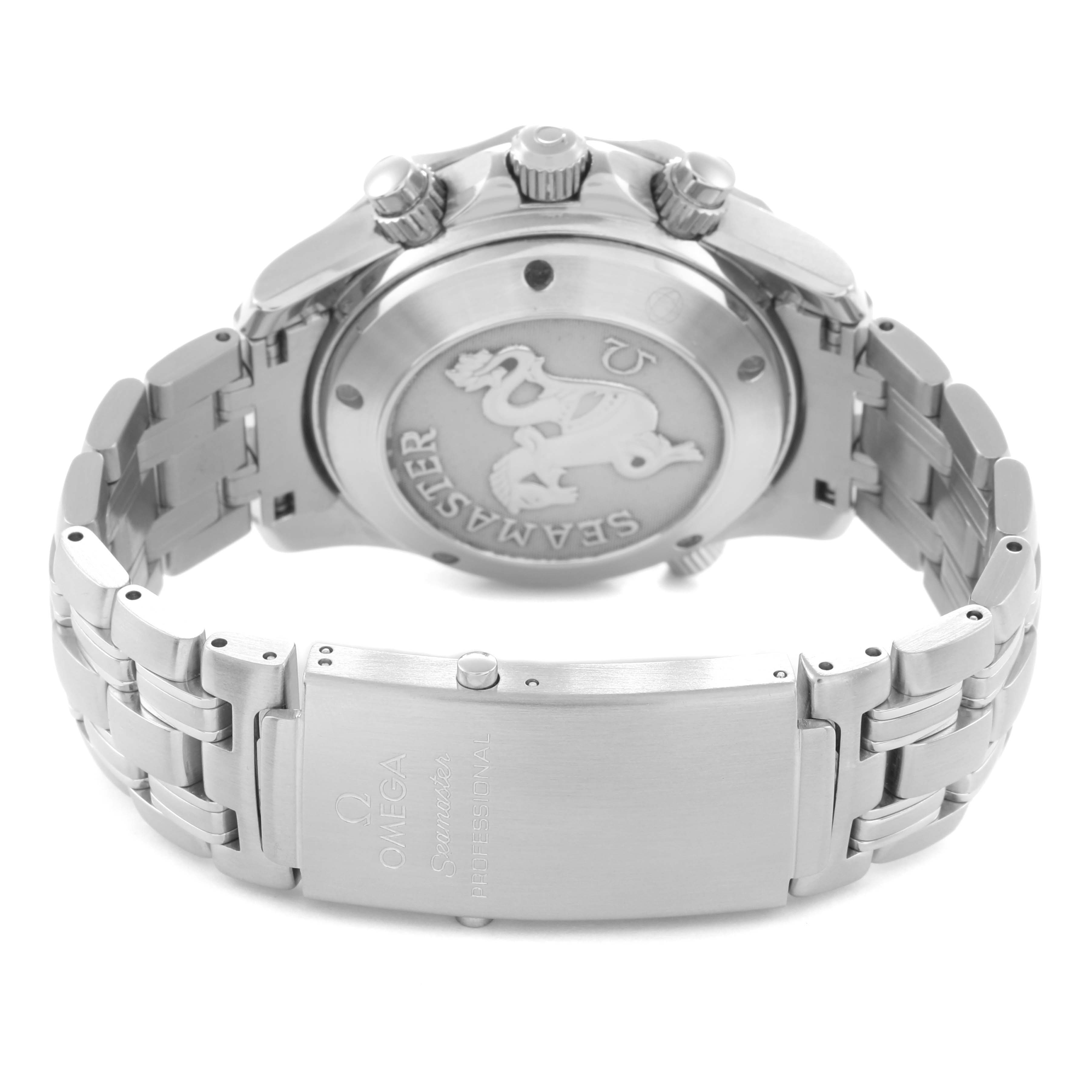 The image shows the back and clasp of the Omega Seamaster 2225.80.00 Men's Stainless Steel Blue Dial 2225.80.00 Men's Stainless Steel Blue Dial watch, highlighting the bracelet and embossed case back.