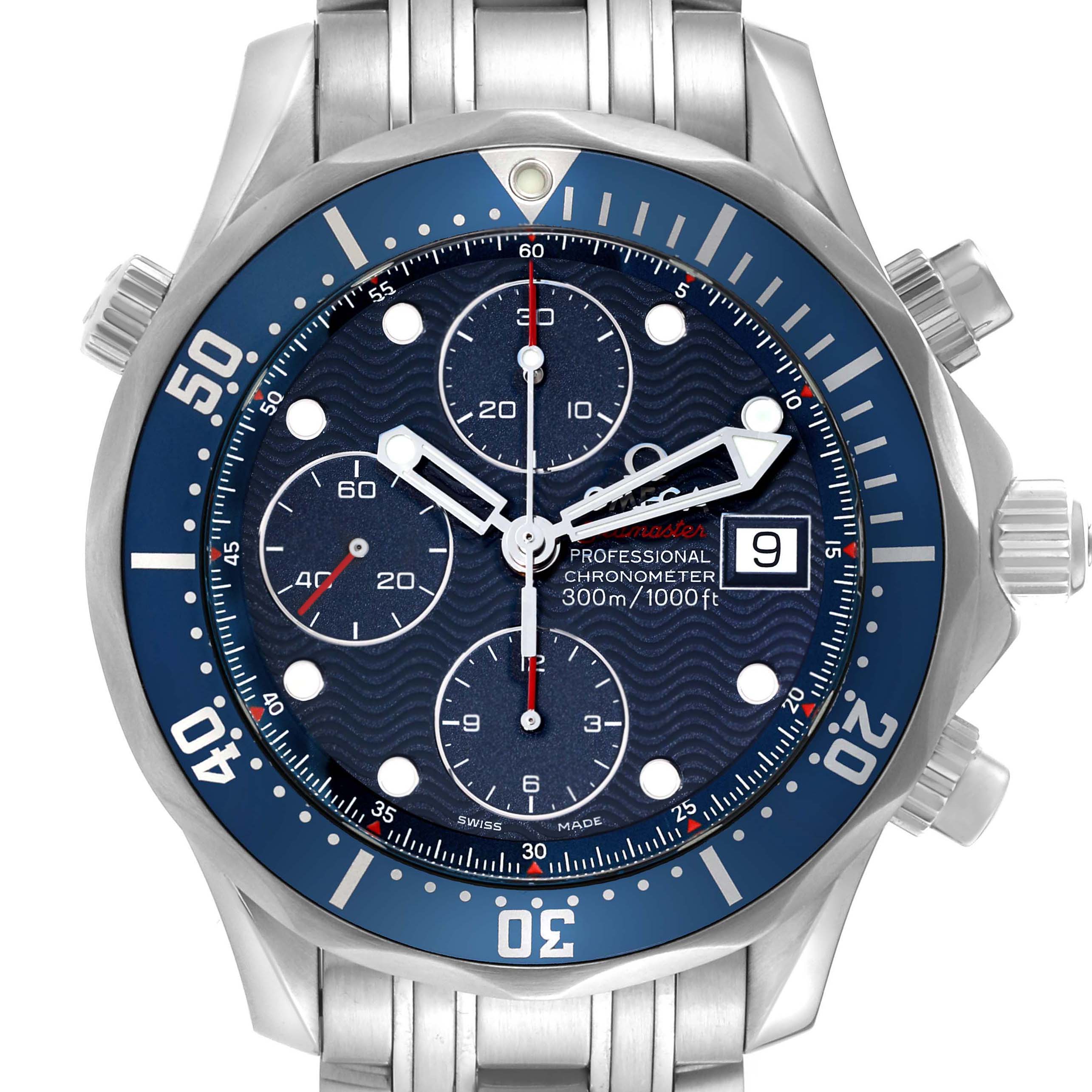 The Omega Seamaster 2225.80.00 Men's Stainless Steel Blue Dial 2225.80.00 Men's Stainless Steel Blue Dial is shown from the front, highlighting the dial, hands, subdials, and bezel.