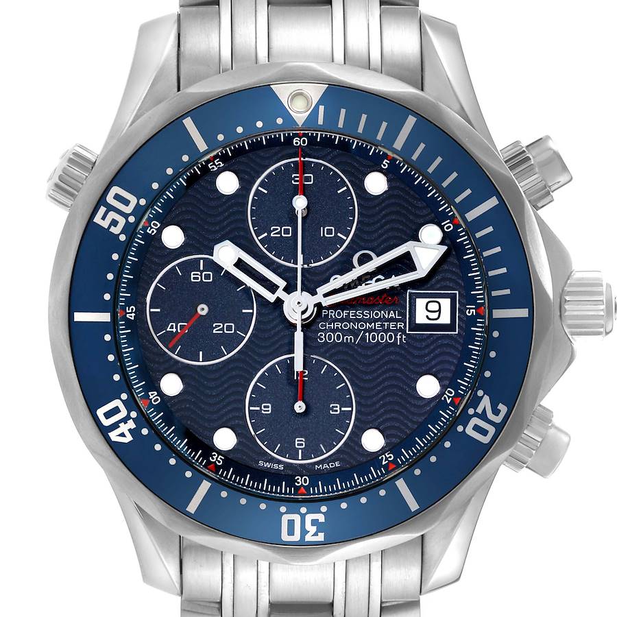 The Omega Seamaster is shown from the front, highlighting the dial, hands, subdials, and bezel.