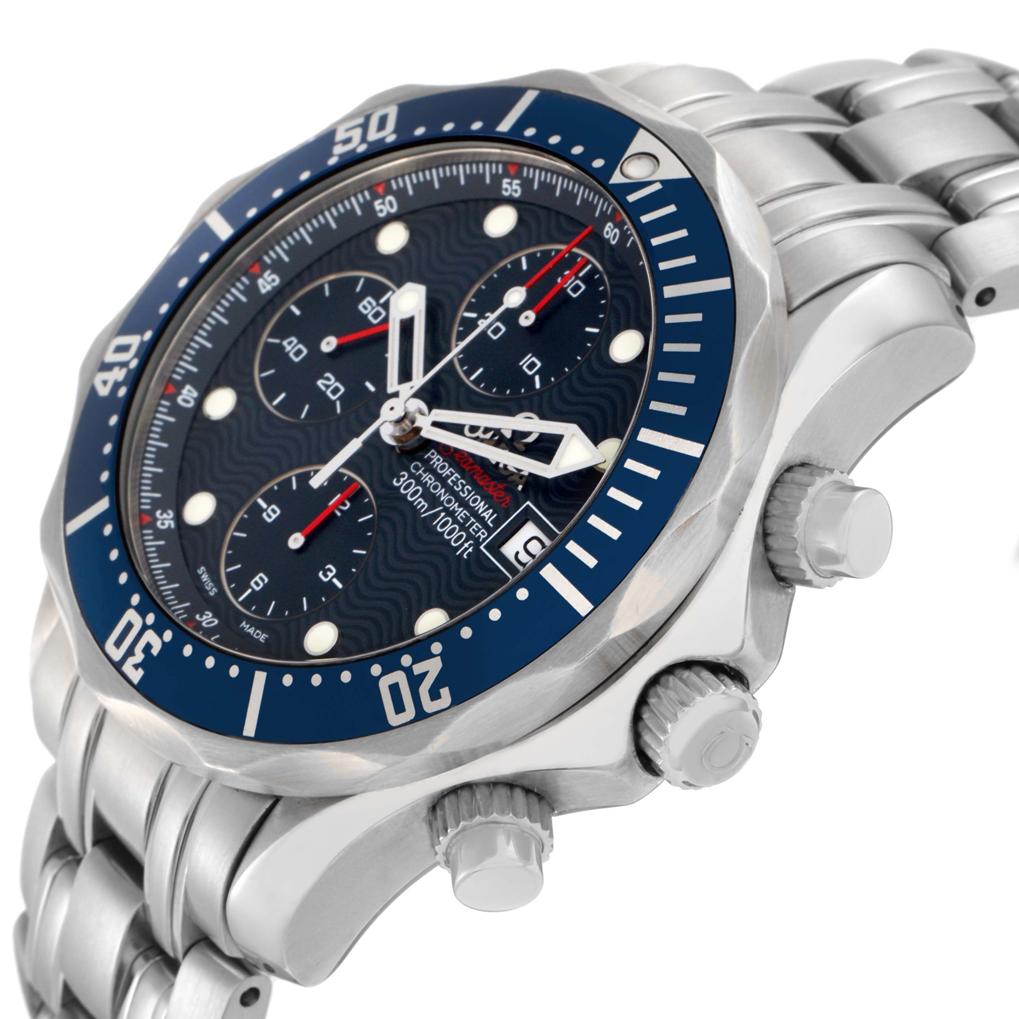 The Omega Seamaster 2225.80.00 Men's Stainless Steel Blue Dial 2225.80.00 Men's Stainless Steel Blue Dial watch is shown at a slight side angle, displaying its bezel, dial, pushers, and metal bracelet.