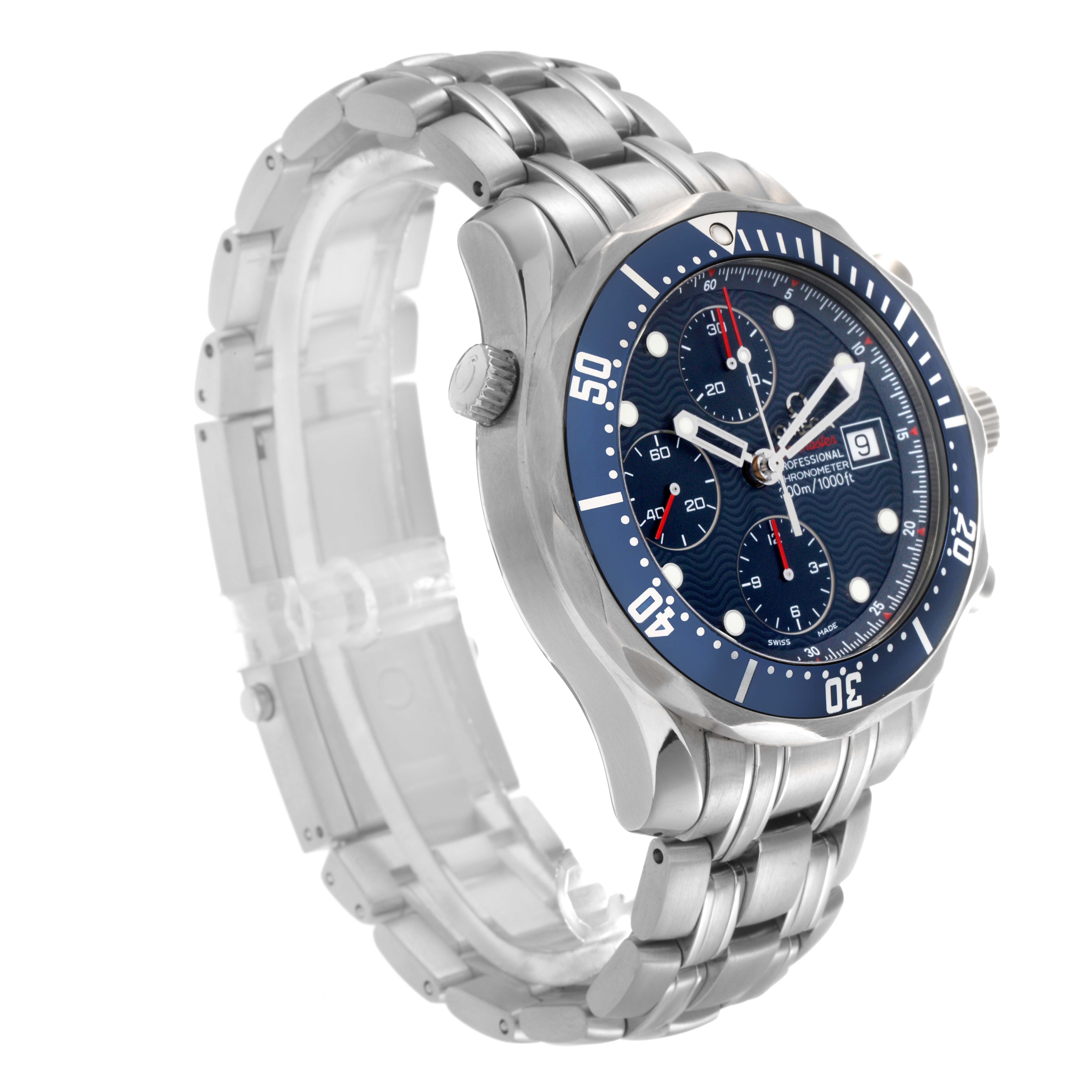 The Omega Seamaster 2225.80.00 Men's Stainless Steel Blue Dial 2225.80.00 Men's Stainless Steel Blue Dial is shown at a three-quarter angle, highlighting the blue dial, bezel, and silver bracelet.