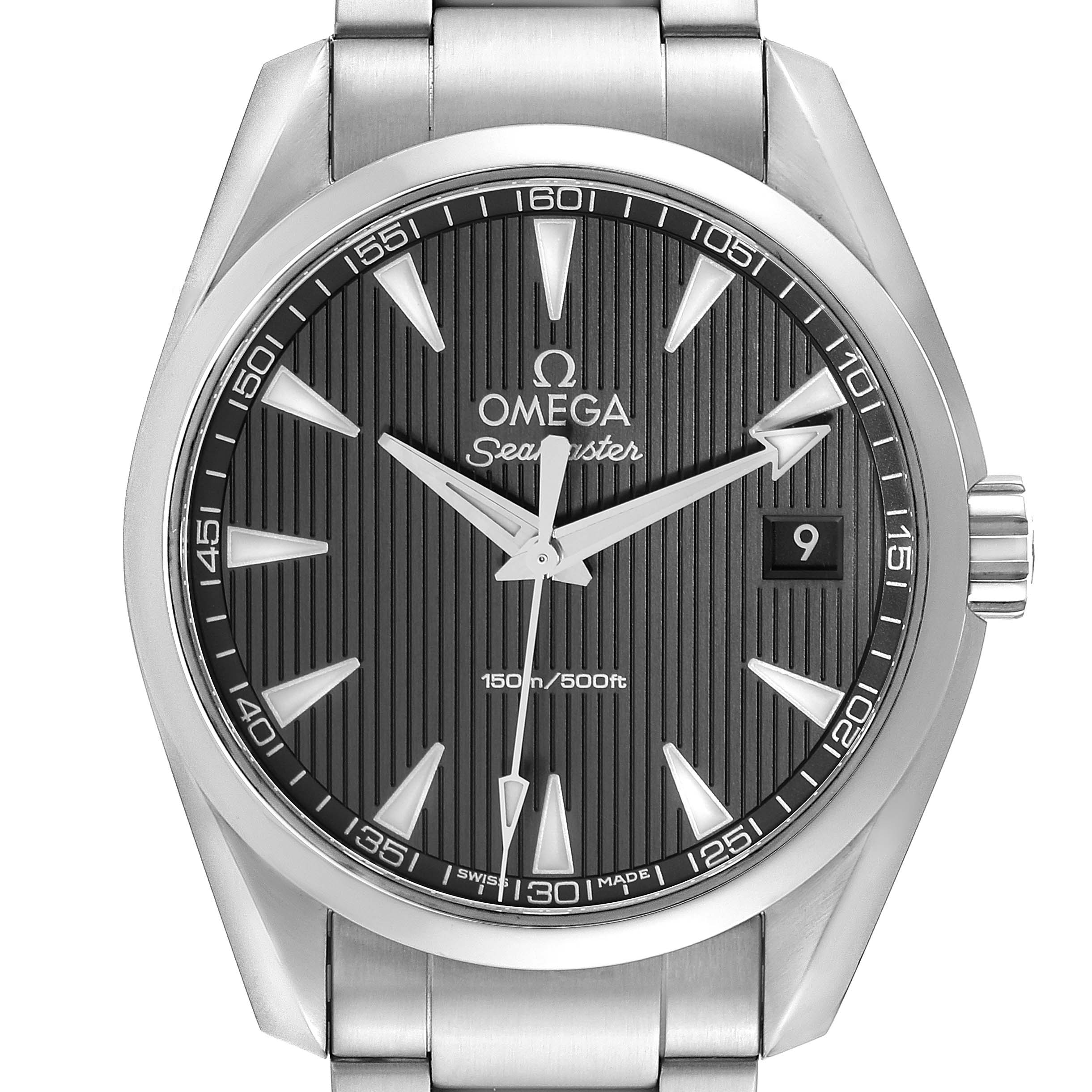 The image shows a front view of an Omega Aqua Terra 231.10.39.60.06.001 Men's Stainless Steel Black Dial 231.10.39.60.06.001 Men's Stainless Steel Black Dial Seamaster watch, featuring its dial, hands, date window, and part of the bracelet.