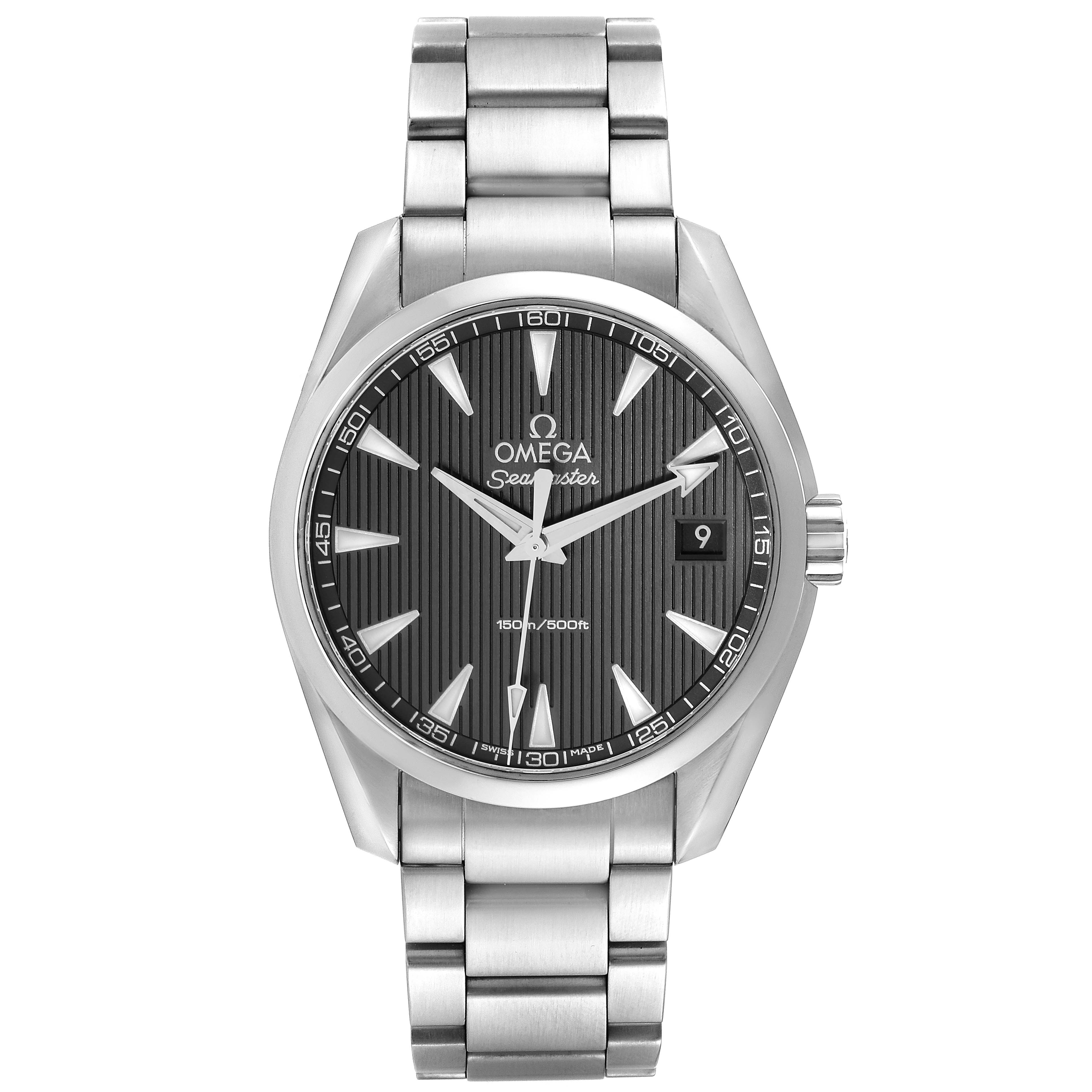 The image shows a frontal view of the Omega Aqua Terra 231.10.39.60.06.001 Men's Stainless Steel Black Dial 231.10.39.60.06.001 Men's Stainless Steel Black Dial watch, displaying the dial, bezel, crown, and bracelet.