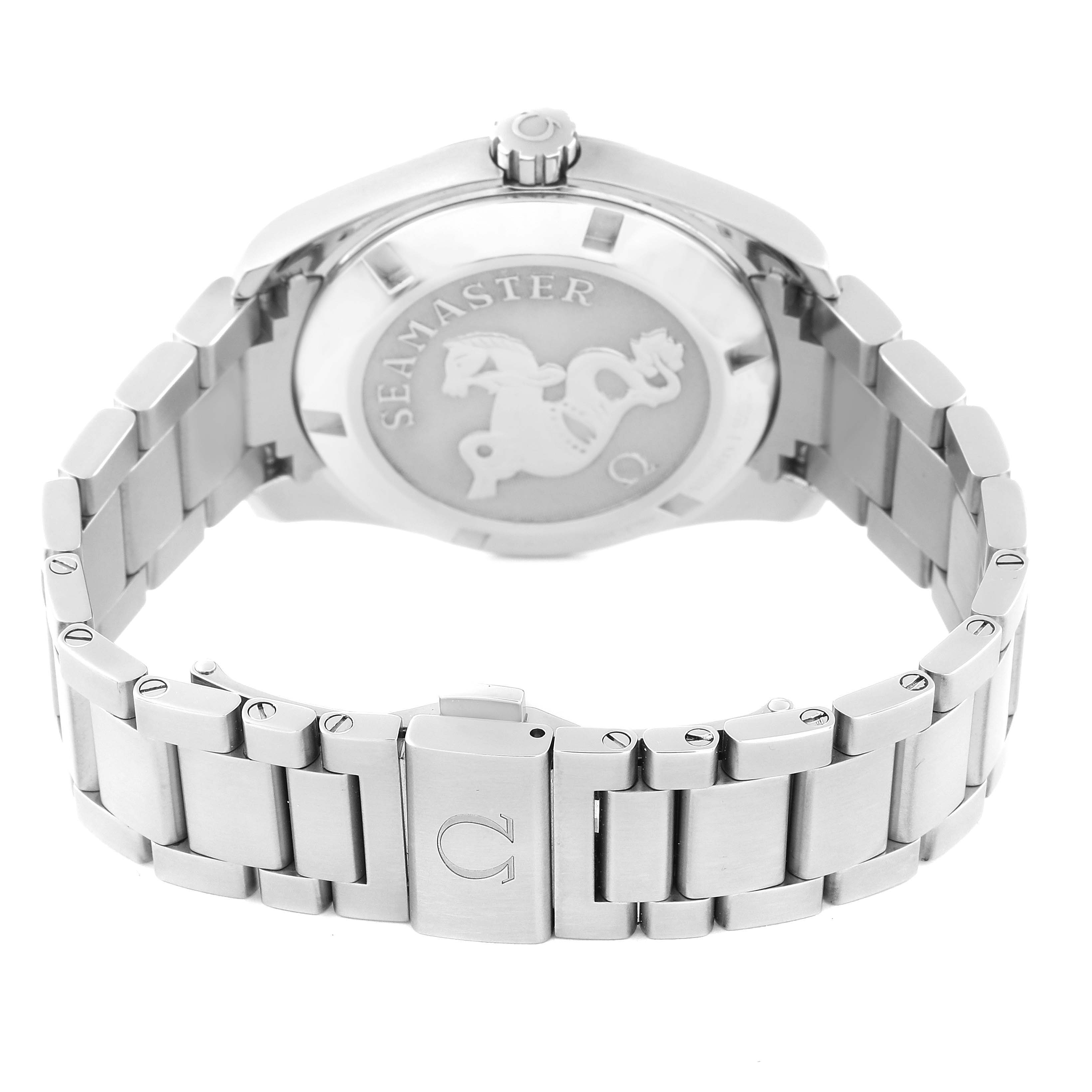 The image shows the back and bracelet of the Omega Aqua Terra 231.10.39.60.06.001 Men's Stainless Steel Black Dial 231.10.39.60.06.001 Men's Stainless Steel Black Dial Seamaster watch.