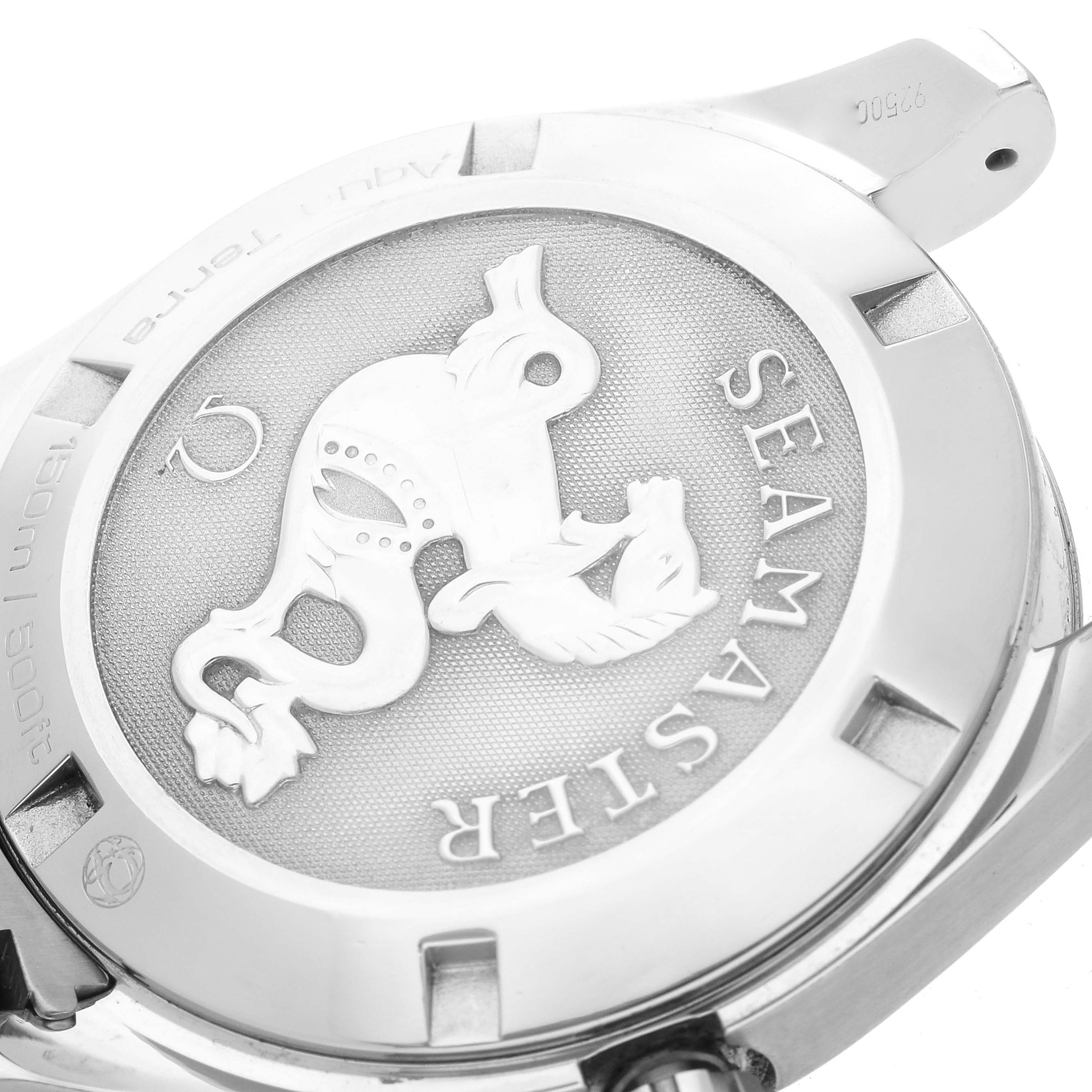 The image shows the back case of an Omega Aqua Terra 231.10.39.60.06.001 Men's Stainless Steel Black Dial 231.10.39.60.06.001 Men's Stainless Steel Black Dial watch, highlighting the Seamaster logo and engravings.