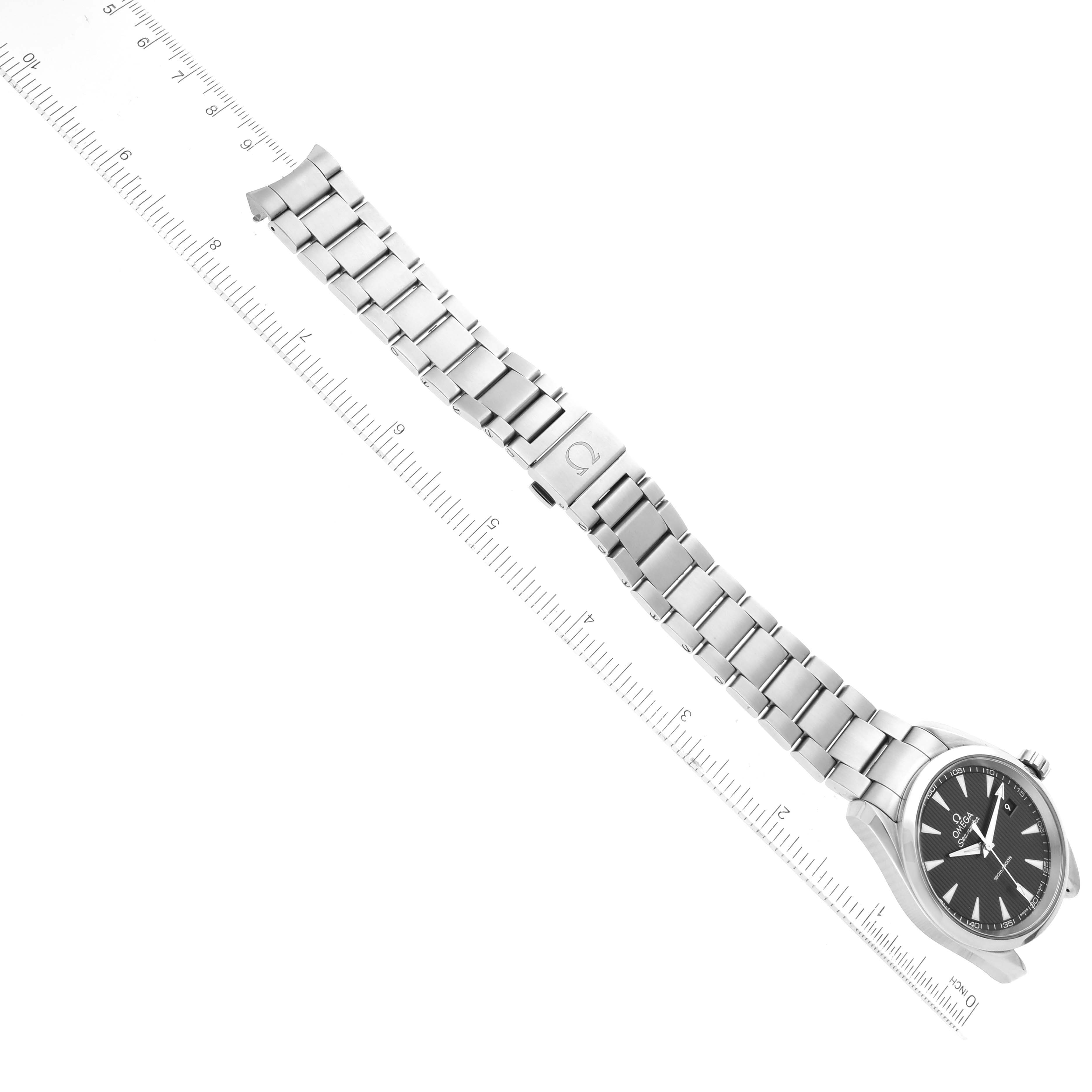 The image shows an Omega Aqua Terra 231.10.39.60.06.001 Men's Stainless Steel Black Dial 231.10.39.60.06.001 Men's Stainless Steel Black Dial watch from a top view, highlighting the face and metal bracelet with a measuring scale.