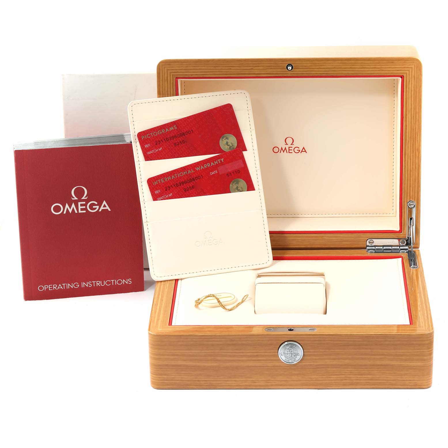 The image shows an open wooden box of an Omega Aqua Terra 231.10.39.60.06.001 Men's Stainless Steel Black Dial 231.10.39.60.06.001 Men's Stainless Steel Black Dial watch, operating instructions booklet, and warranty cards.