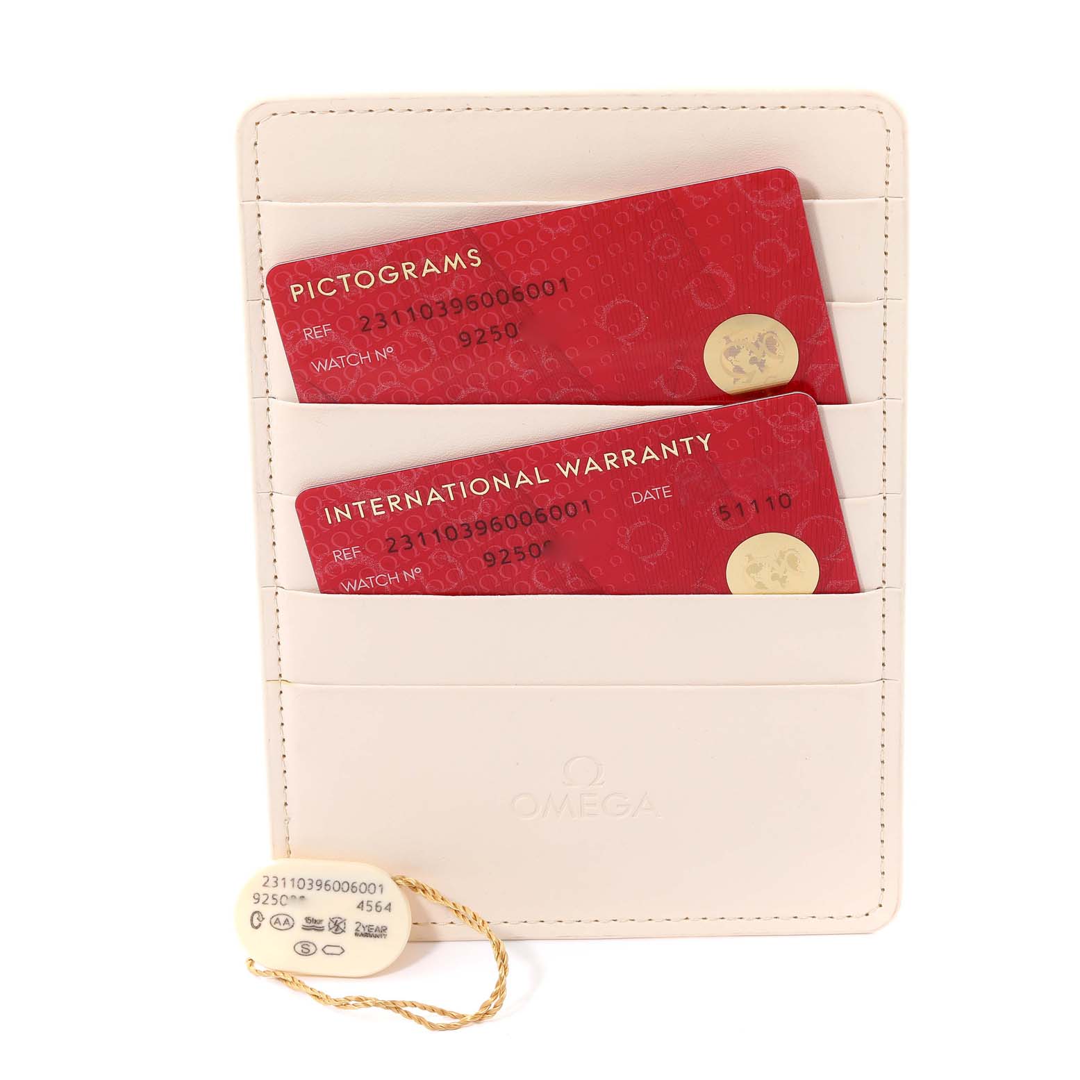 This image shows an Omega Aqua Terra 231.10.39.60.06.001 Men's Stainless Steel Black Dial 231.10.39.60.06.001 Men's Stainless Steel Black Dial watch's warranty card and pictograms card, along with a tag, all placed in a cardholder.