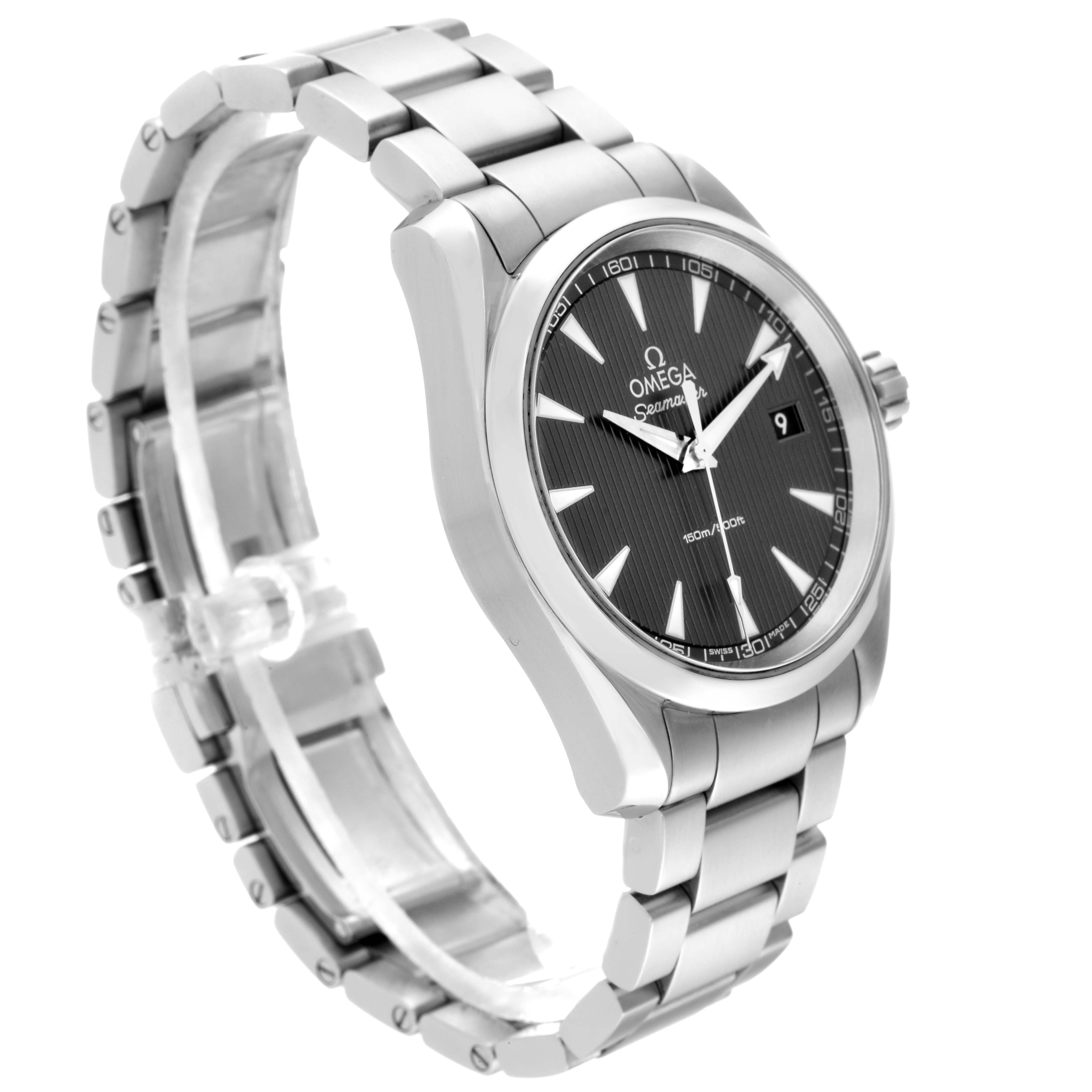 The Omega Aqua Terra 231.10.39.60.06.001 Men's Stainless Steel Black Dial 231.10.39.60.06.001 Men's Stainless Steel Black Dial watch is shown at an angled view, displaying its face, bracelet, and a portion of the clasp.