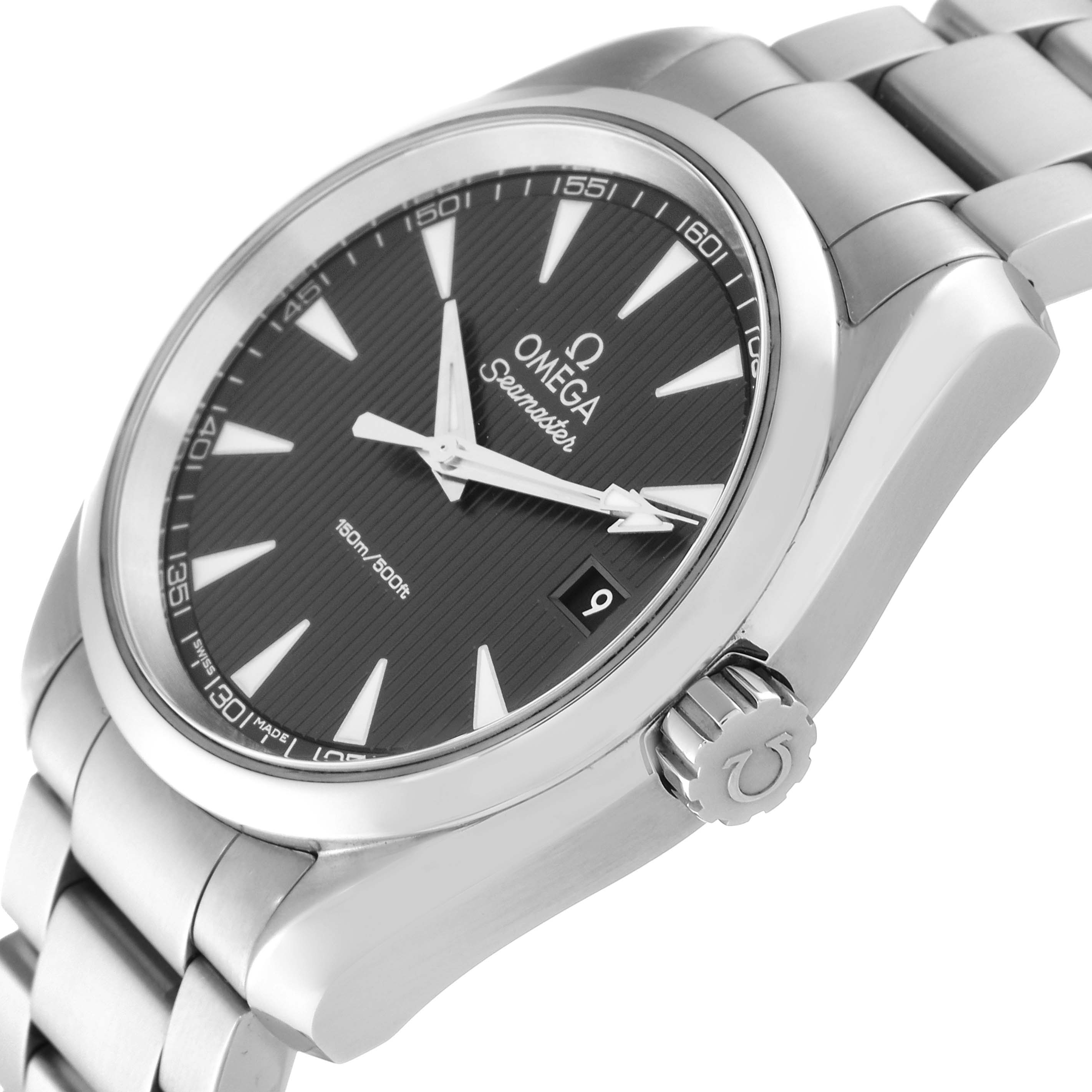 This image shows a close-up angle of the Omega Aqua Terra 231.10.39.60.06.001 Men's Stainless Steel Black Dial 231.10.39.60.06.001 Men's Stainless Steel Black Dial watch, focusing on the dial, crown, and part of the stainless steel bracelet.