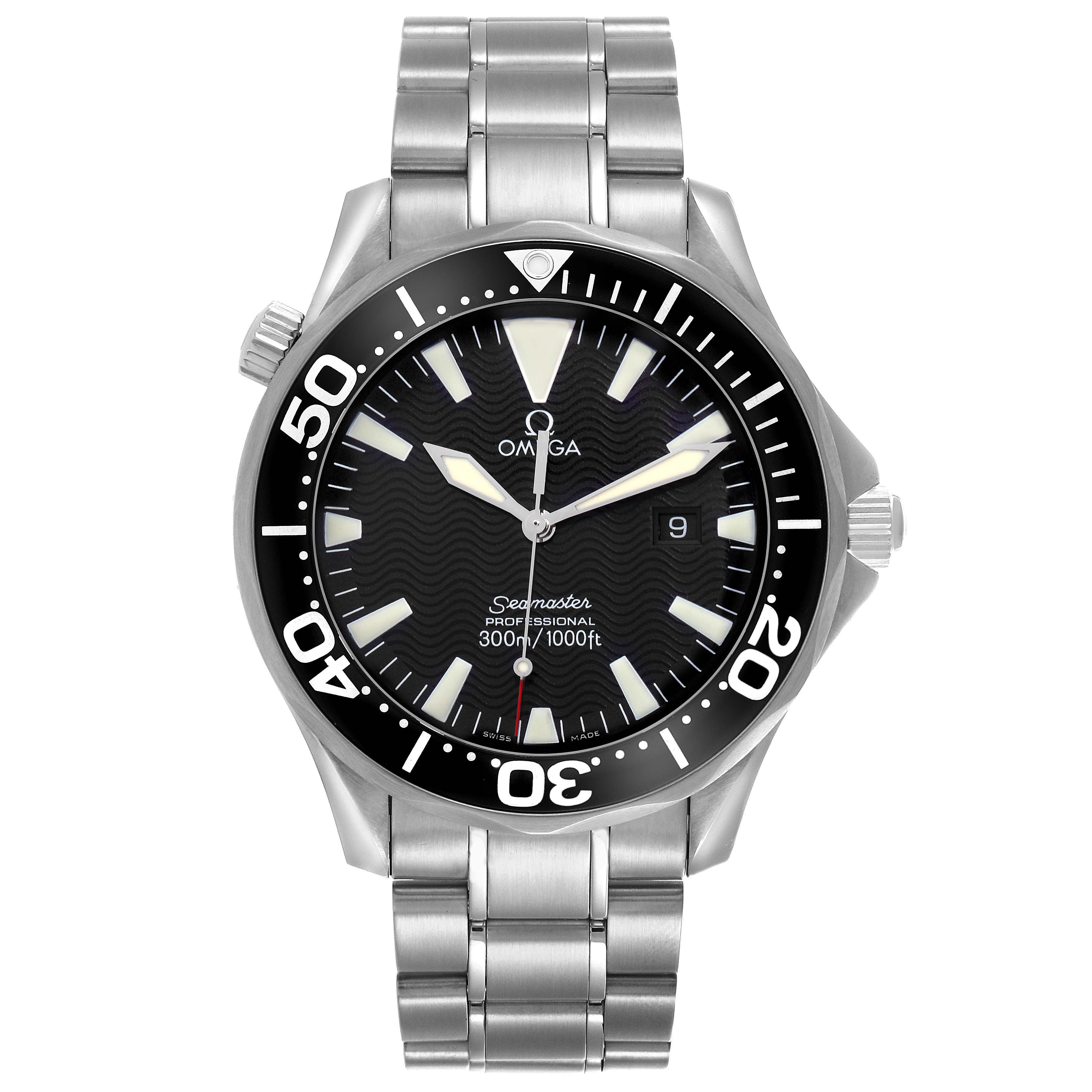 The Omega Seamaster 2264.50.00 Men
s Stainless Steel Black Dial 2264.50.00 Men
s Stainless Steel Black Dial watch is shown from a front angle, displaying its face, bezel, and stainless steel bracelet.