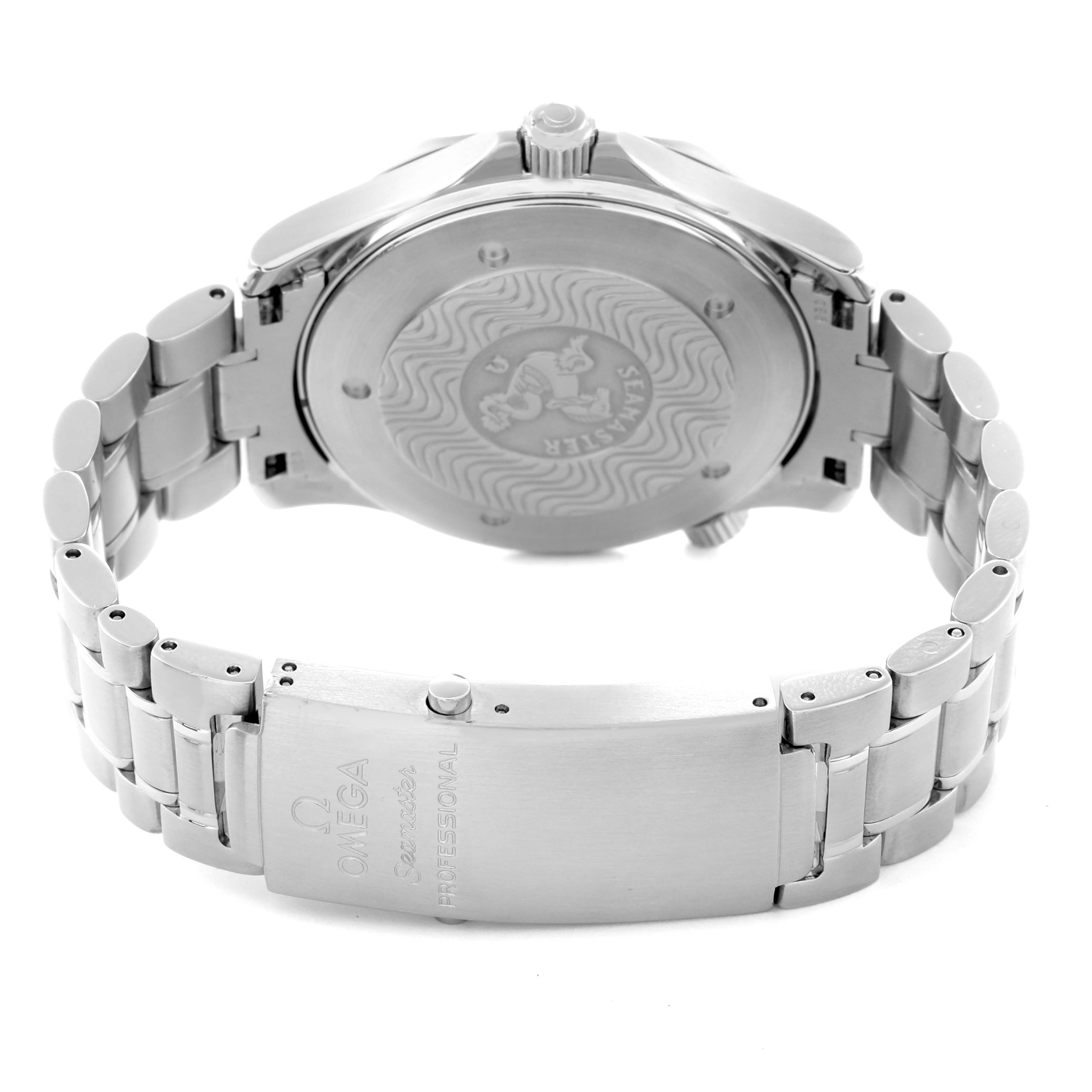 The Omega Seamaster 2264.50.00 Men
s Stainless Steel Black Dial 2264.50.00 Men
s Stainless Steel Black Dial watch is shown from the back, highlighting the case back and clasp of the metal bracelet.