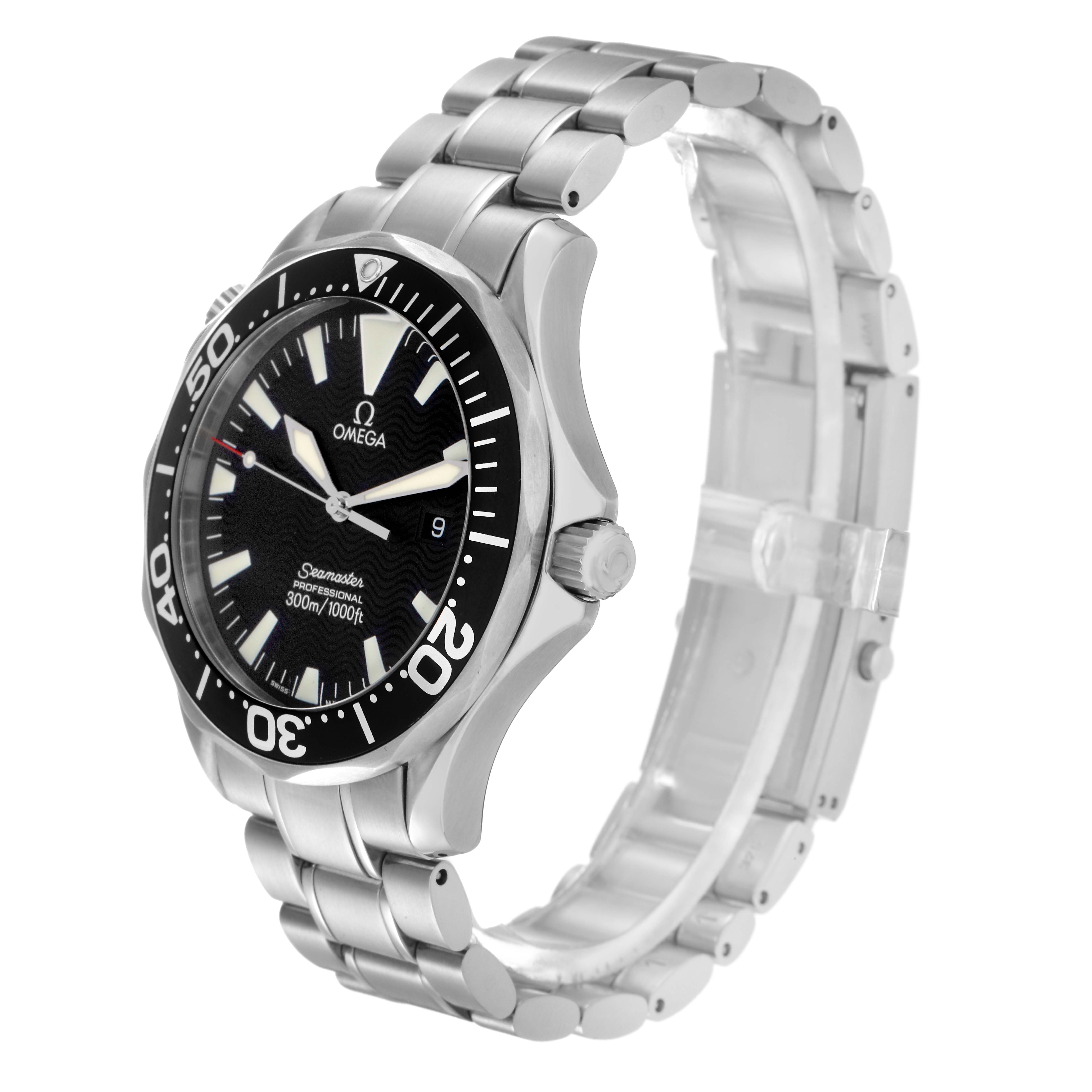 The Omega Seamaster 2264.50.00 Men
s Stainless Steel Black Dial 2264.50.00 Men
s Stainless Steel Black Dial watch is shown at a 3/4 angle, displaying the face, bezel, crown, and metal bracelet.