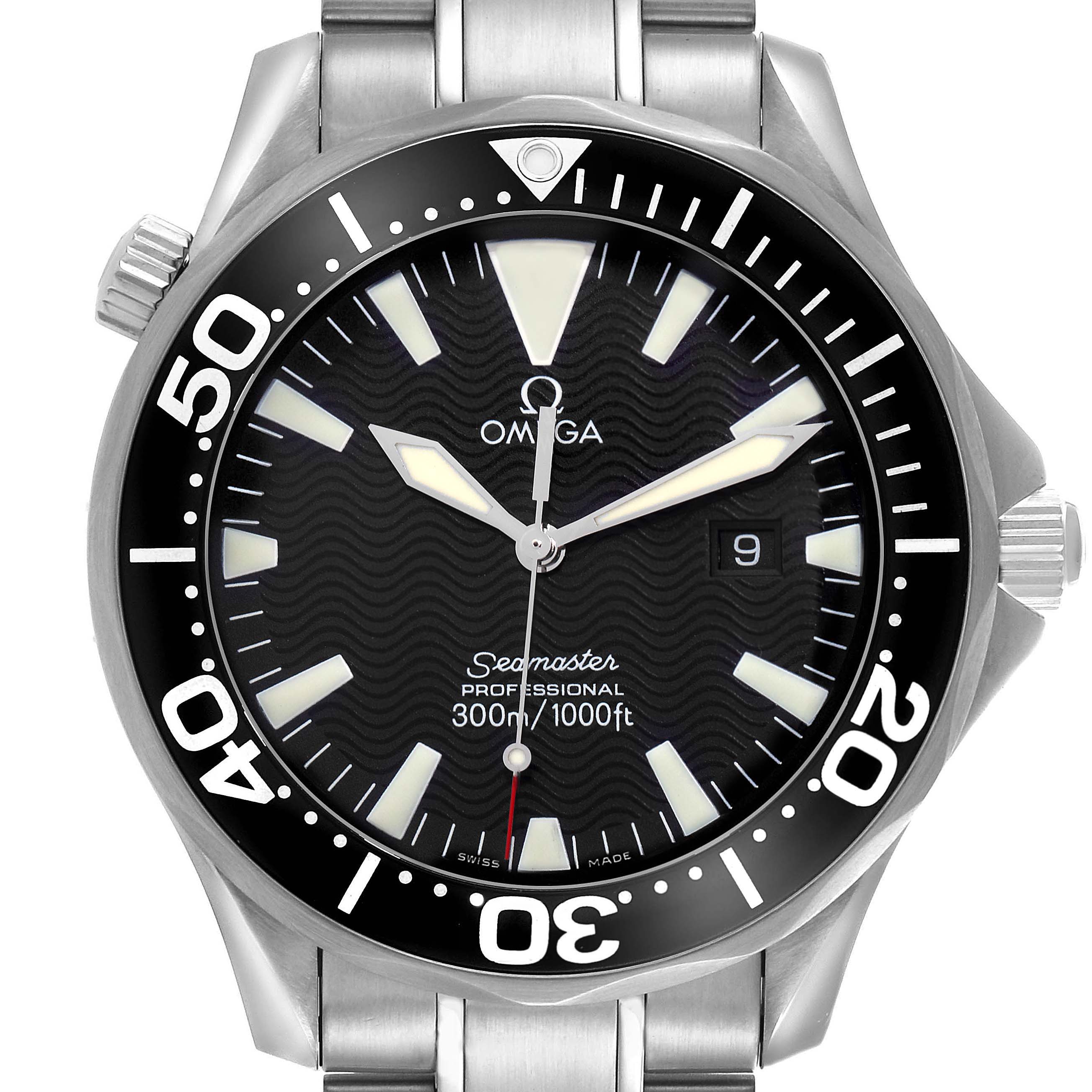 The Omega Seamaster 2264.50.00 Men
s Stainless Steel Black Dial 2264.50.00 Men
s Stainless Steel Black Dial watch is shown from the front, highlighting the face, bezel, and some of the bracelet.