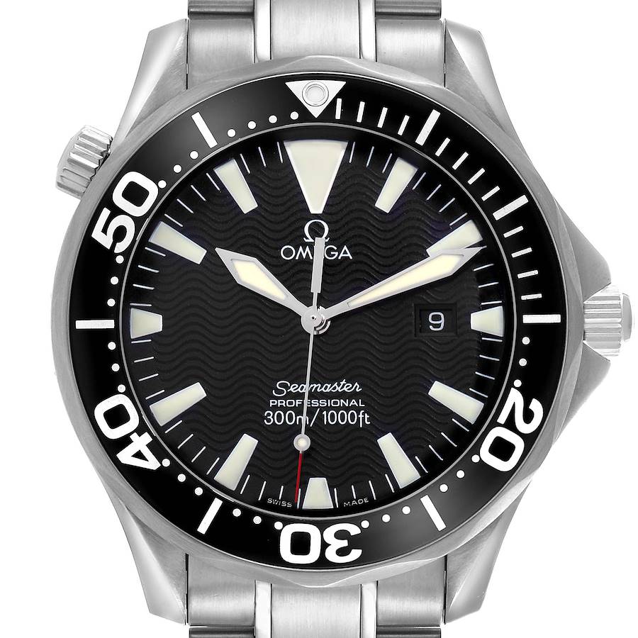 The Omega Seamaster watch is shown from the front, highlighting the face, bezel, and some of the bracelet.