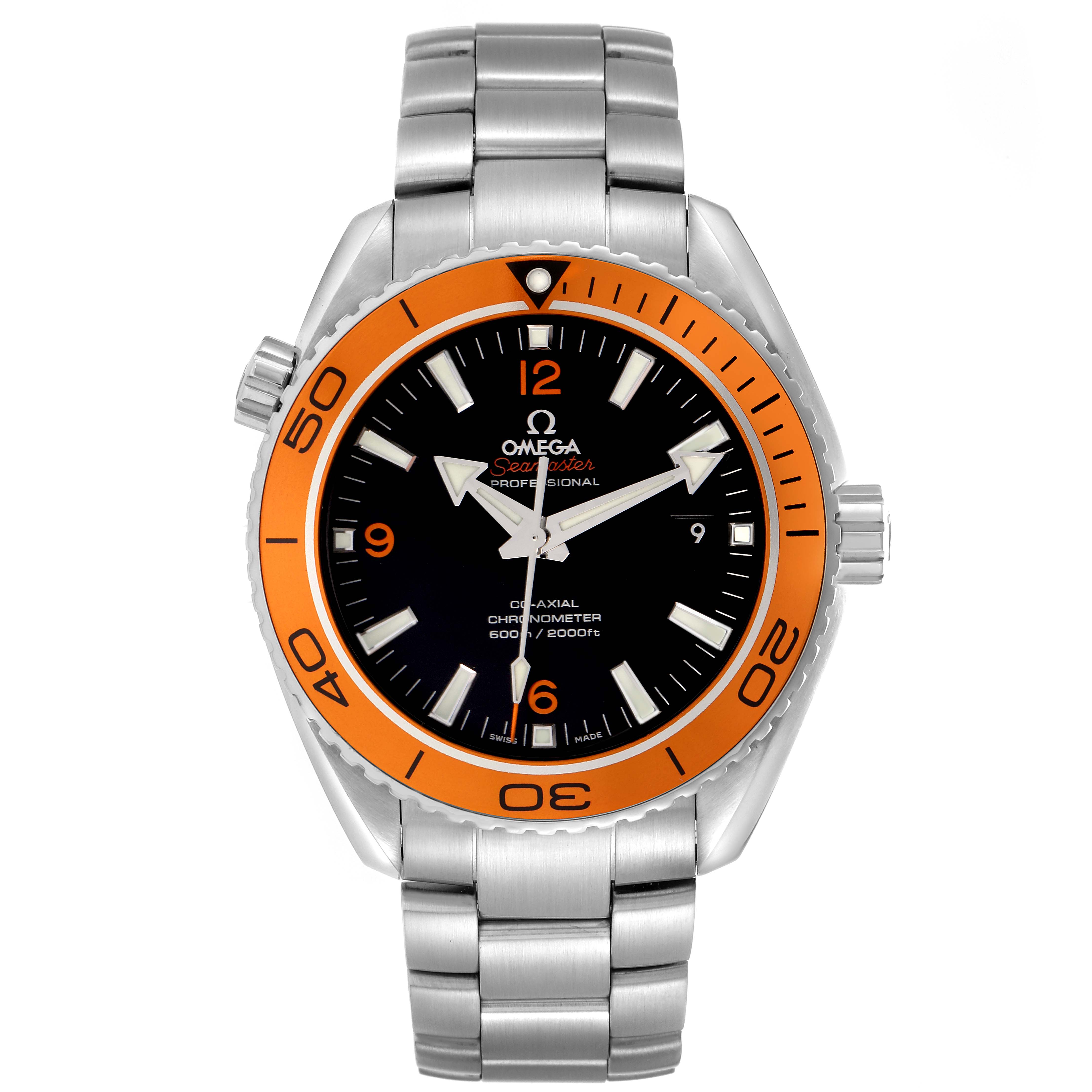 The Omega Planet Ocean 232.30.46.21.01.002 Men
s Stainless Steel Black Dial 232.30.46.21.01.002 Men
s Stainless Steel Black Dial watch is shown from the front, highlighting the dial, orange bezel, and stainless steel bracelet.