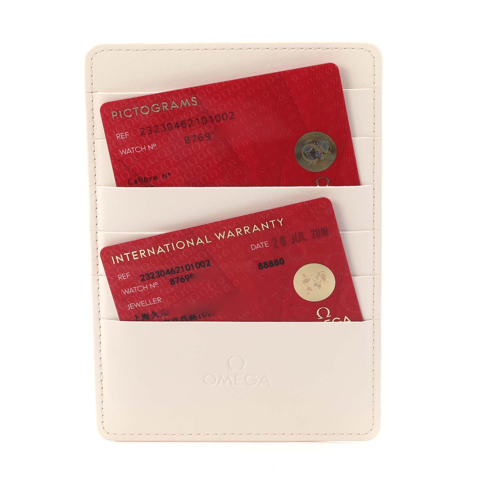 The image shows red pictogram and international warranty cards in a white Omega holder for the Planet Ocean model.