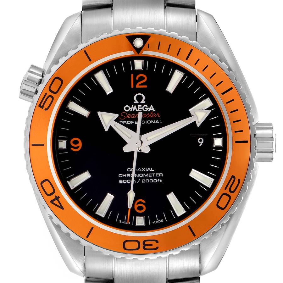 The image shows a front view of the Omega Planet Ocean watch, highlighting the bezel, face, and part of the bracelet.