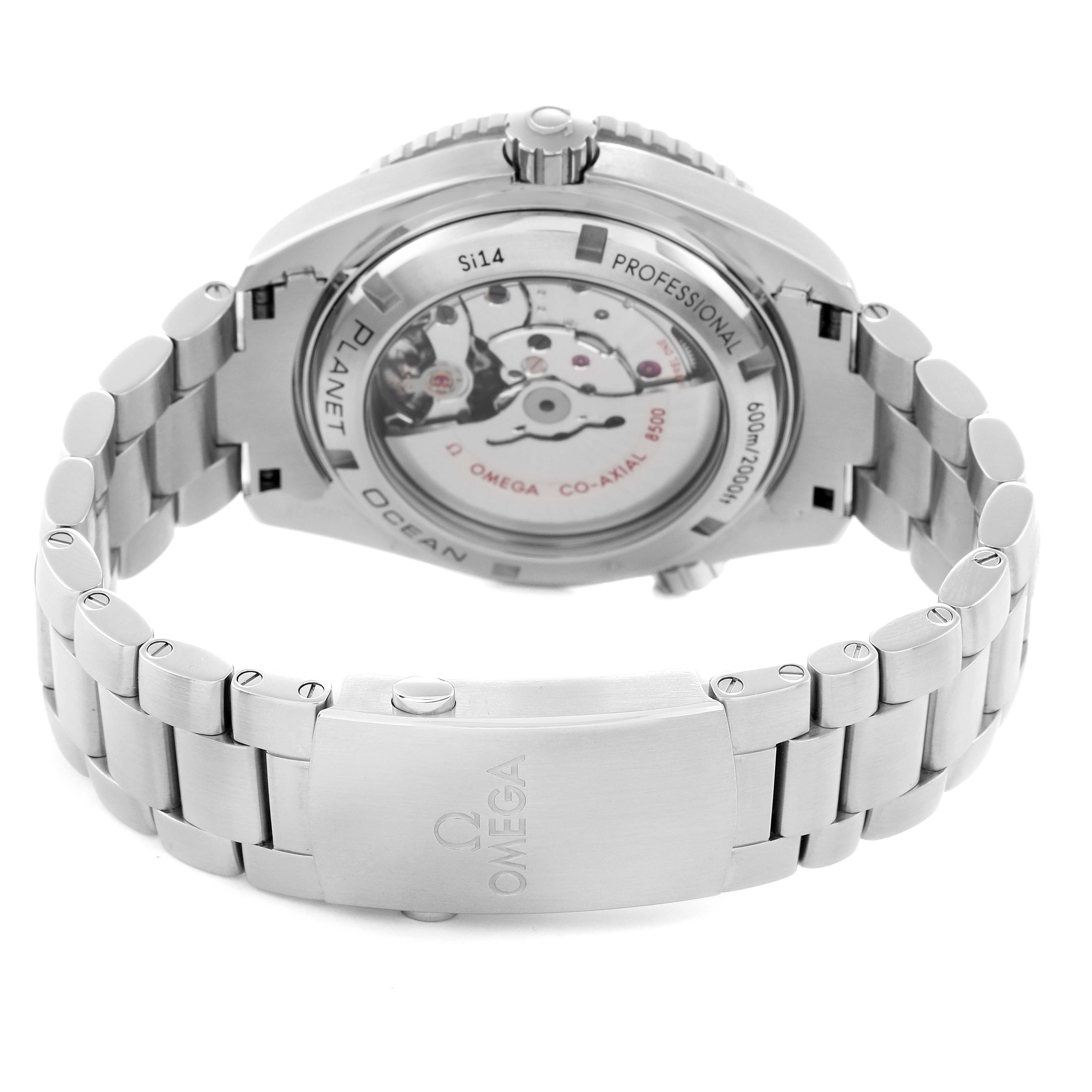 The image shows the Omega Planet Ocean 232.30.46.21.01.002 Men
s Stainless Steel Black Dial 232.30.46.21.01.002 Men
s Stainless Steel Black Dial watch from the back, highlighting the case back and metal bracelet.