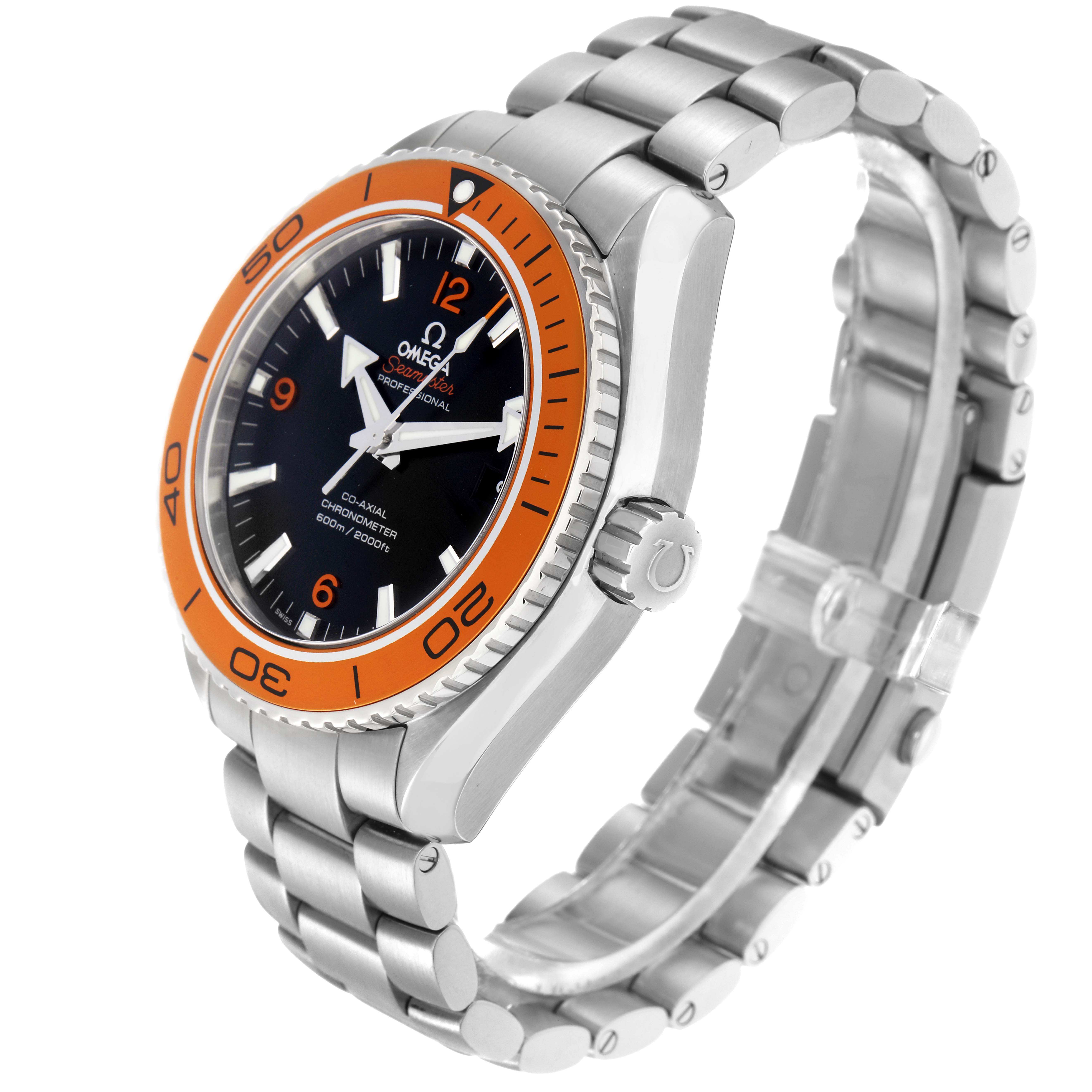 The Omega Planet Ocean 232.30.46.21.01.002 Men
s Stainless Steel Black Dial 232.30.46.21.01.002 Men
s Stainless Steel Black Dial watch is shown at a 3/4 angle, displaying the dial, bezel, case, crown, and bracelet.