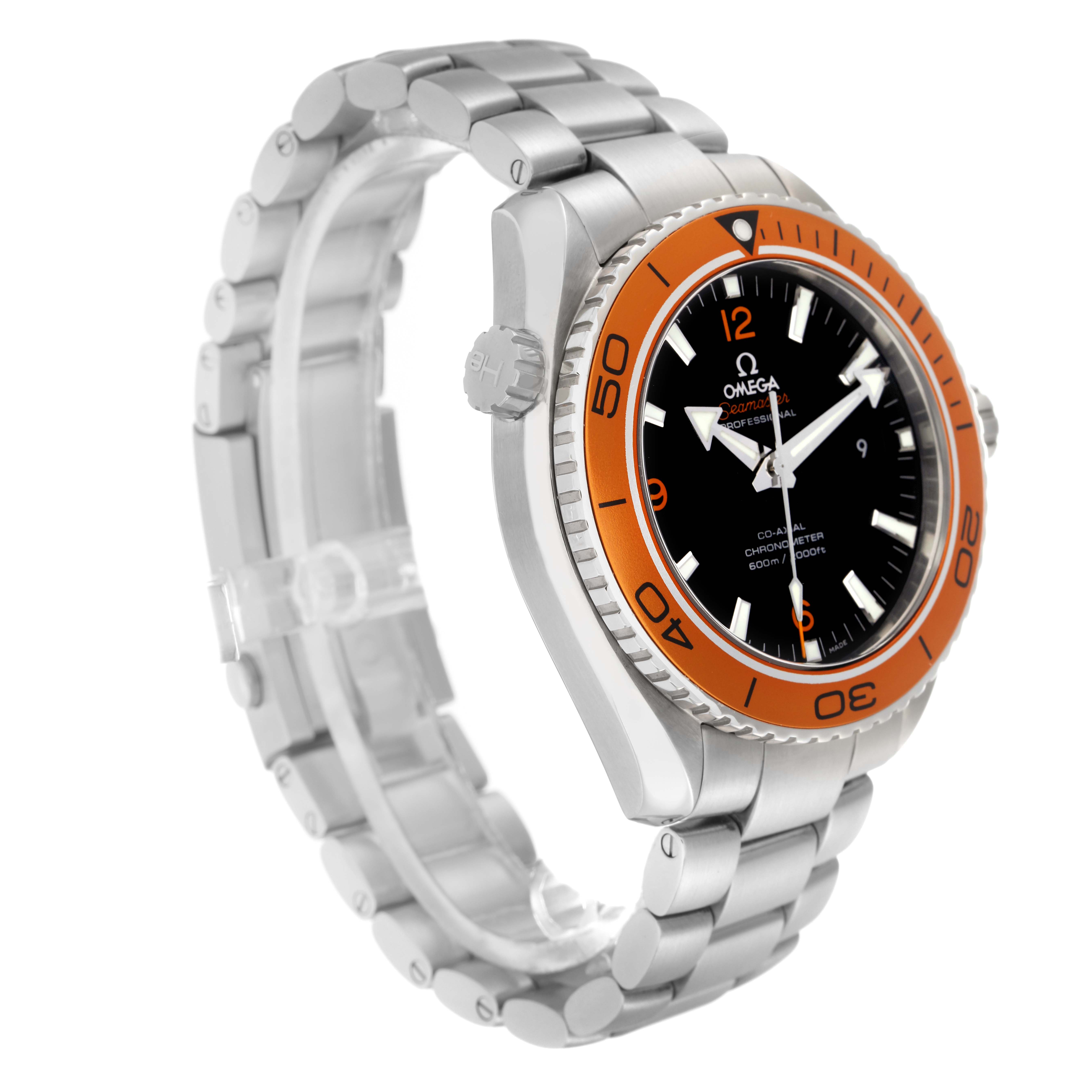 The Omega Planet Ocean 232.30.46.21.01.002 Men
s Stainless Steel Black Dial 232.30.46.21.01.002 Men
s Stainless Steel Black Dial watch is shown at a three-quarter angle, displaying the bezel, bracelet, and side profile.