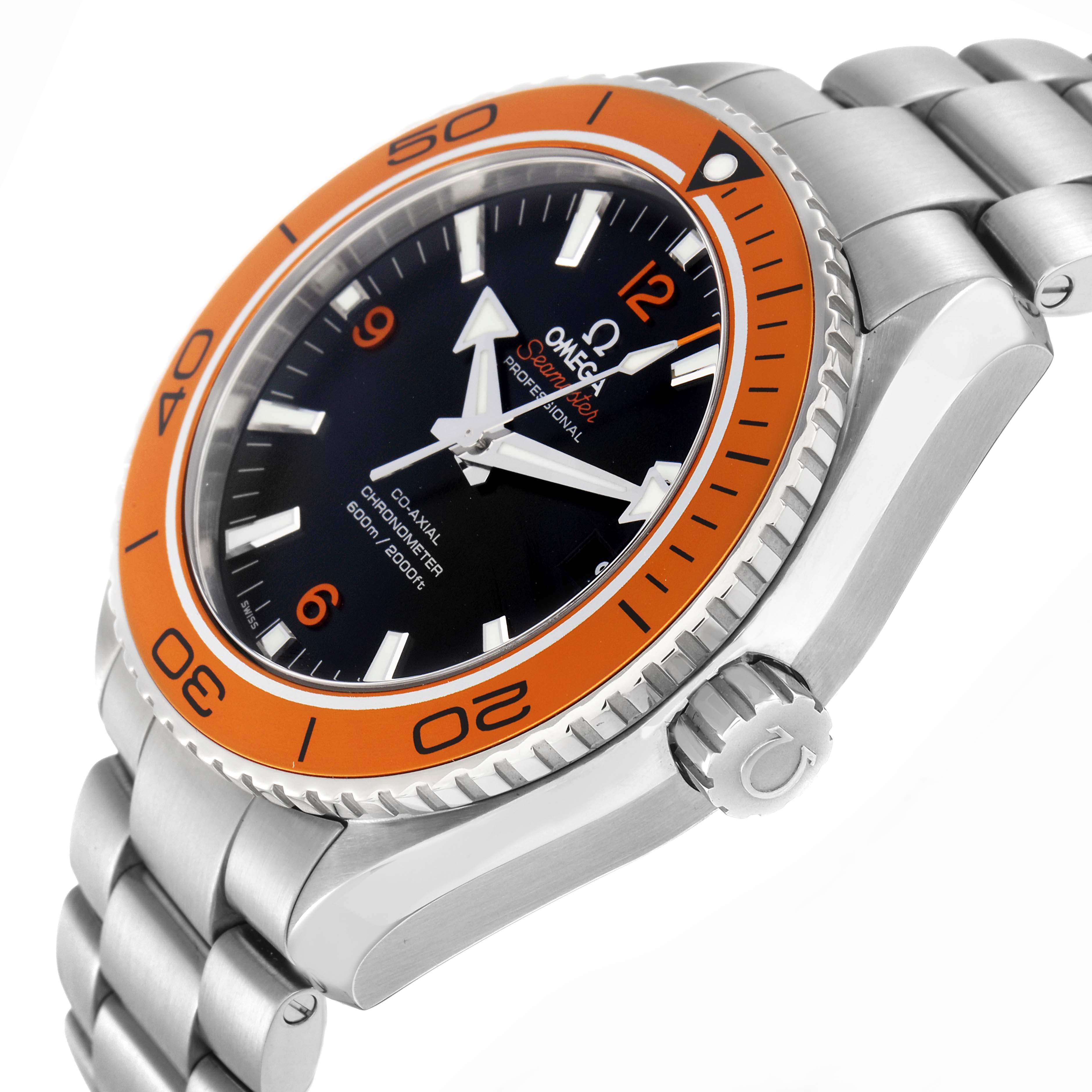 The Omega Planet Ocean 232.30.46.21.01.002 Men
s Stainless Steel Black Dial 232.30.46.21.01.002 Men
s Stainless Steel Black Dial watch is shown at a slight angle, highlighting the dial, orange bezel, crown, and part of the metal bracelet.